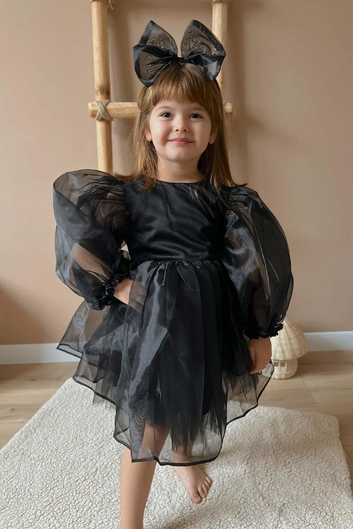 Le Mabelle Siyah Uzun Kollu Organze Kız Çocuk Parti Elbisesi - Sage