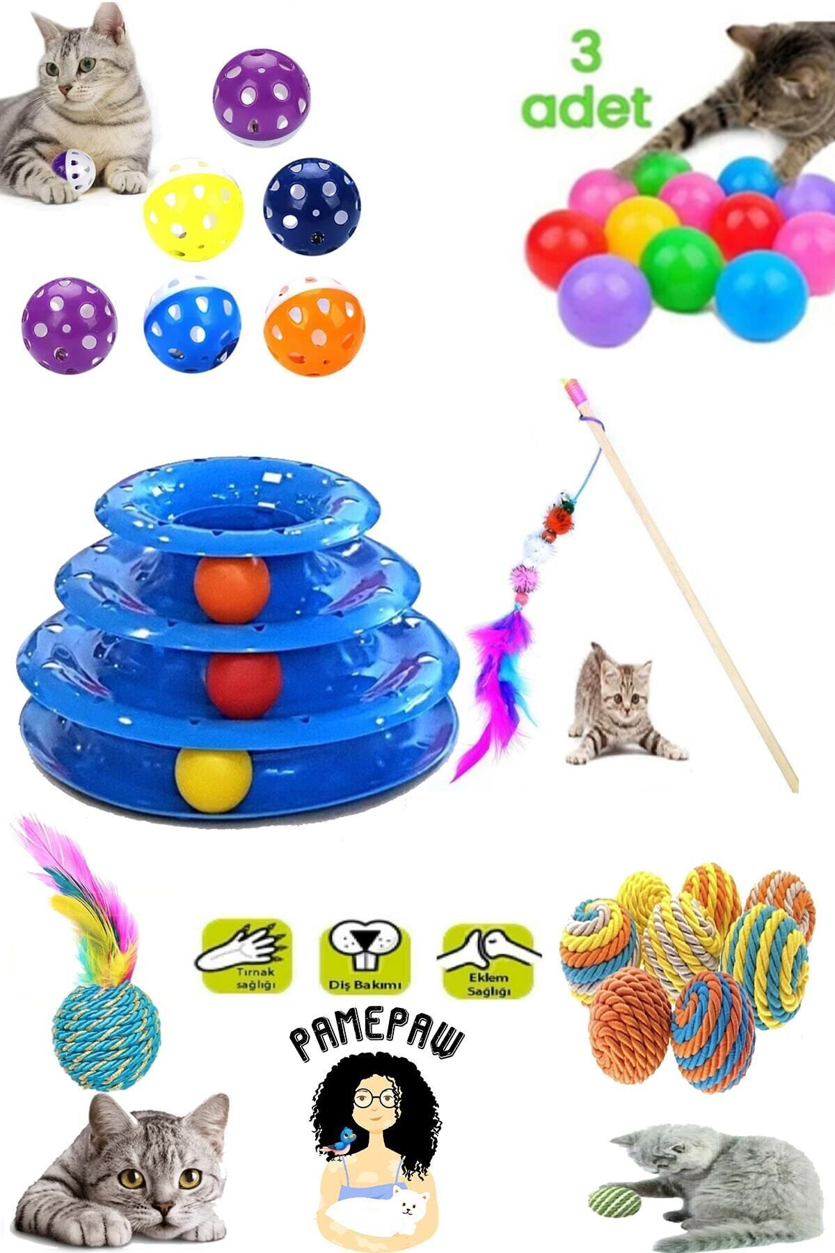 PAMEPAW 8'li Set: Sarma Topu+3'lü Renkli Top+oyun Topu Tüylü + Kedi Oltası+3 Katlı Oyuncak +çıngıraklı Top