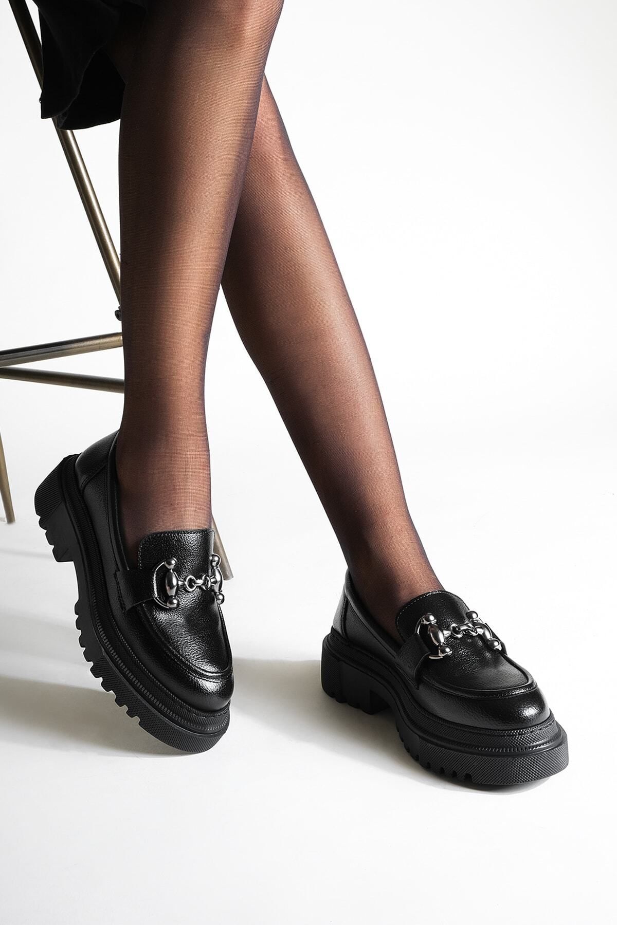 Marjin Kadın Loafer Kalın Taban Zincirli Günlük Ayakkabı Forela Siyah