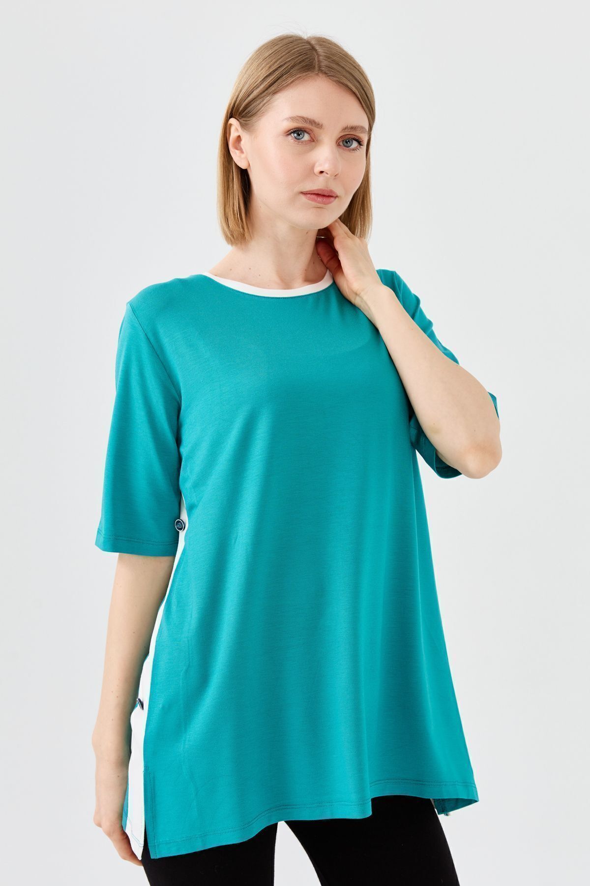Desen Triko Kadın Sıfır Yaka Penye T-shirt Yeşil