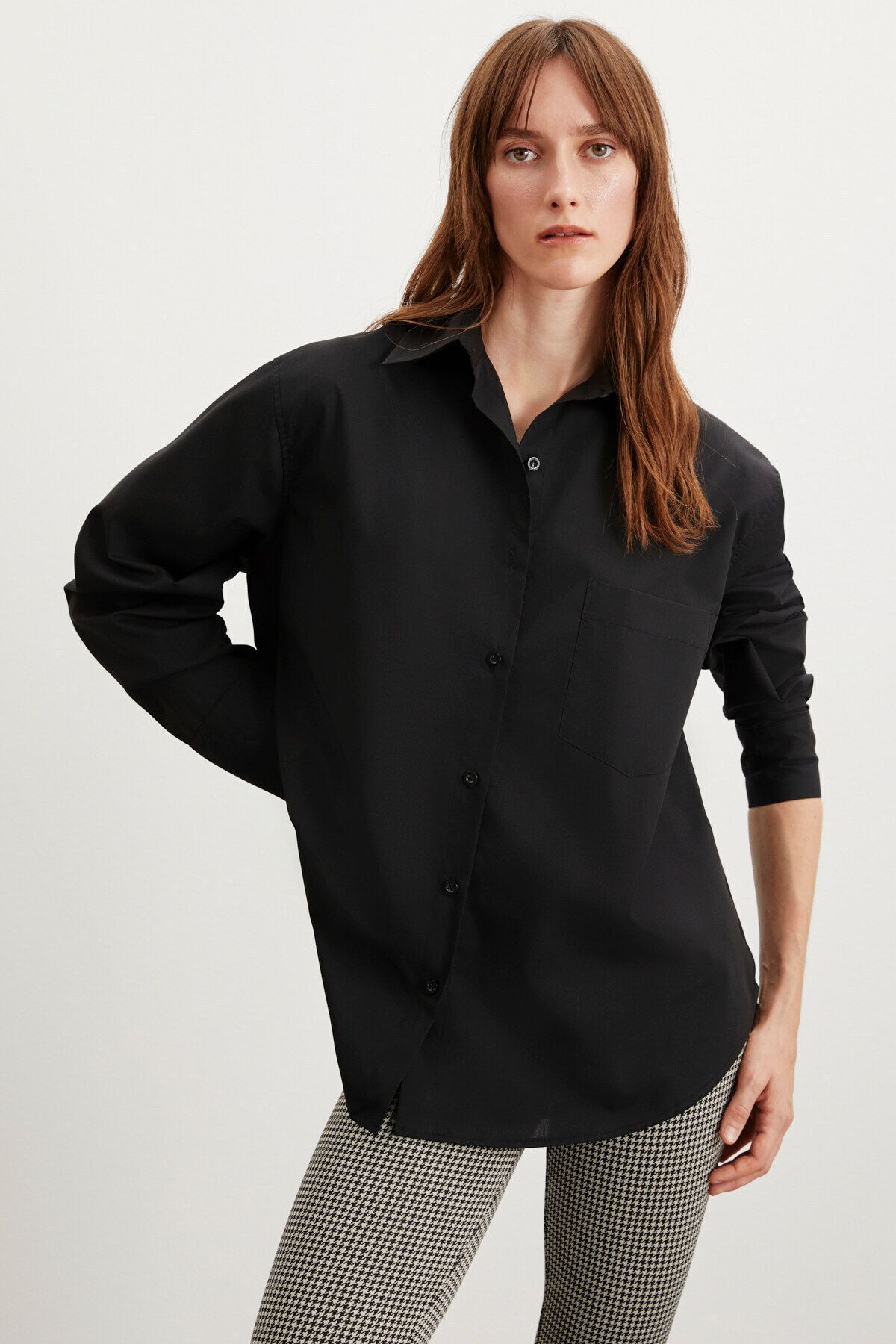 GRIMELANGE Celıa Kadın %100 Pamuk Oversize Kalıp Tek Cepli Uzun Siyah Gömlek
