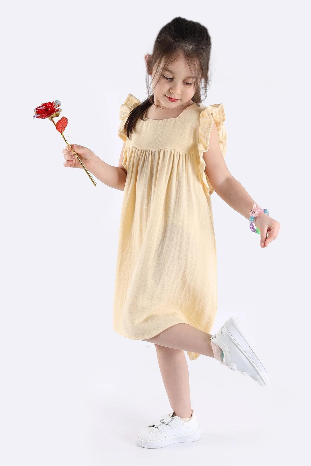 TRENDİMİZBİR Kız Çocuk Kare Yaka Kolu Fırfırlı Müslin Elbise
