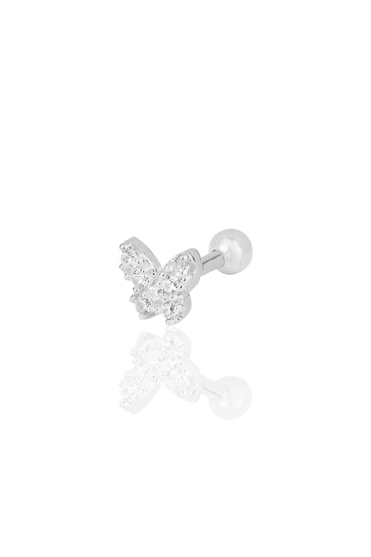 Söğütlü Silver Gümüş Rodyumlu Zirkon Taşlı Kelebek Modeli Tragus Helix Piercing Küpe