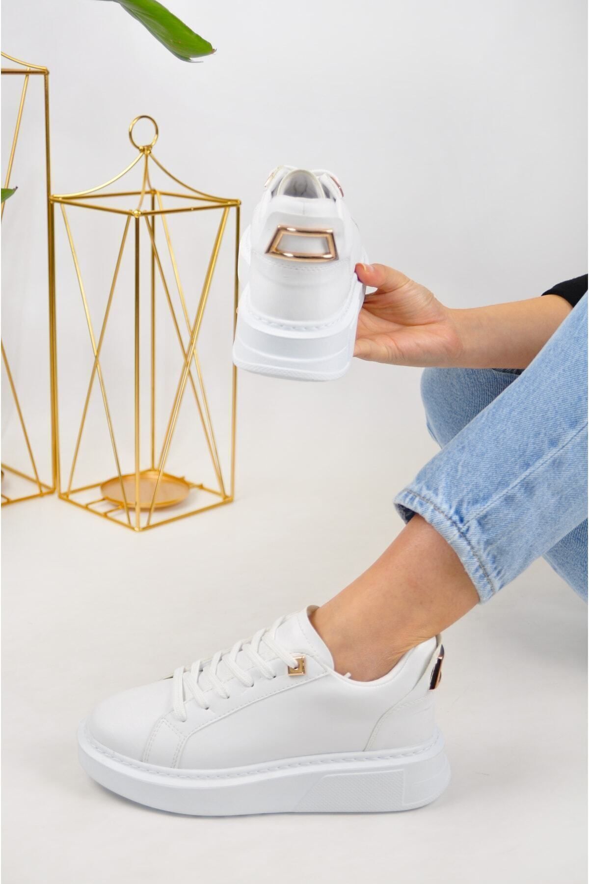 KOTAN Gold Detaylı Bağcıklı Rahat Beyaz Sneaker Spor Ayakkabı