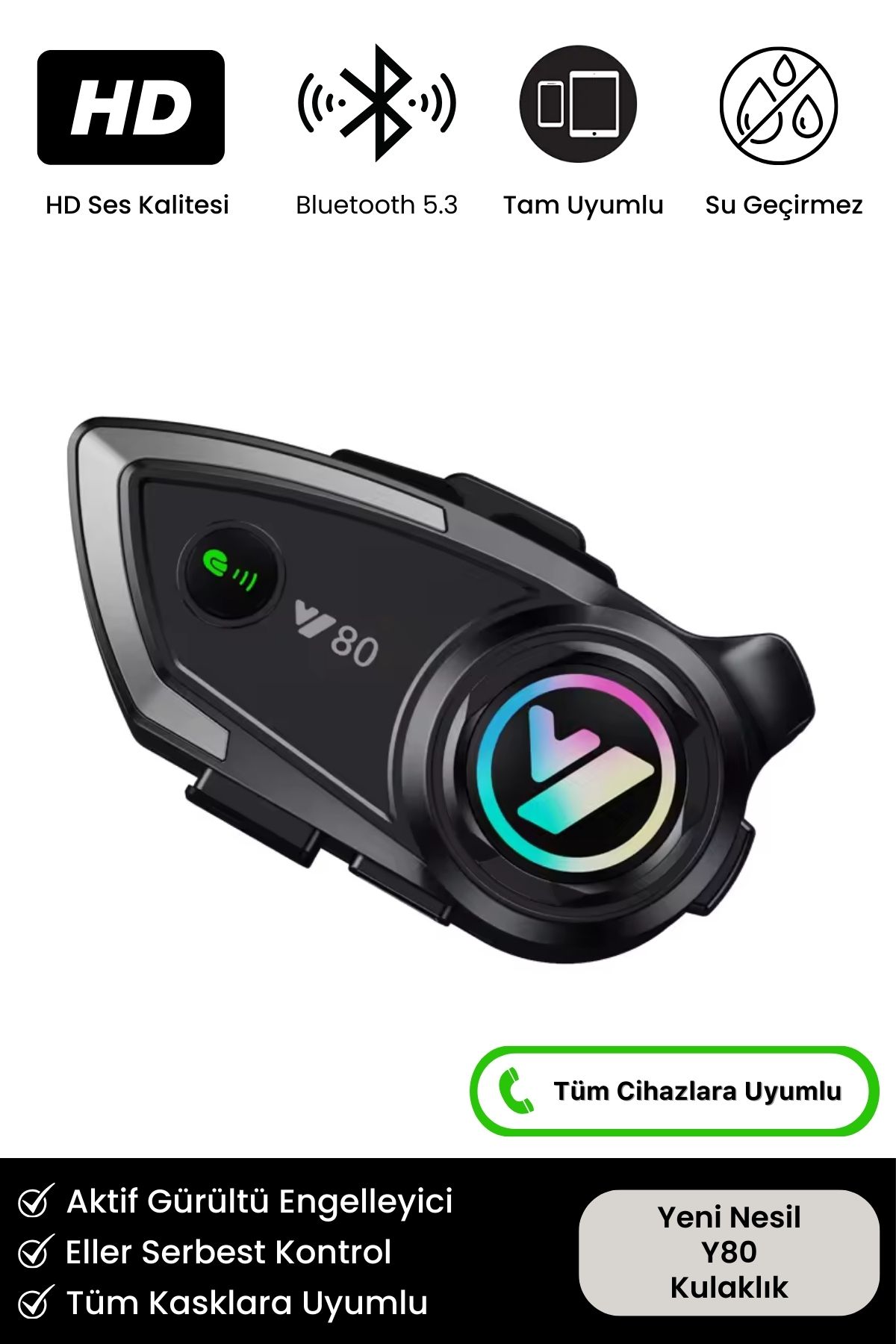 Noriyen Y80 Yeni Nesil Motosiklet Kask Interkom Mikrofonlu Gürültü Engelleyici Işıklı 5.3 Bluetooth Kulaklık