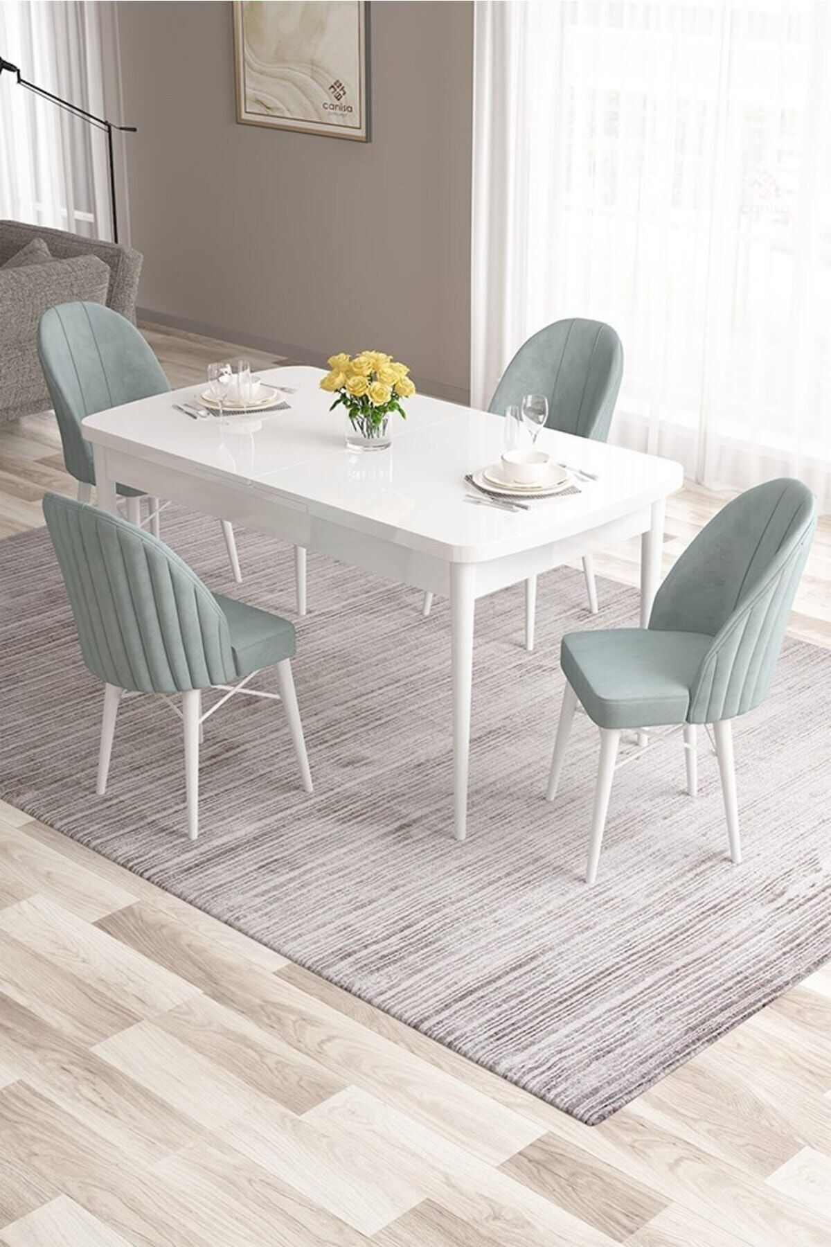 Canisa Ves Serisi 80x132 Mdf Açılabilir Beyaz Mutfak Masası 6 Adet Lacivert Sandalye