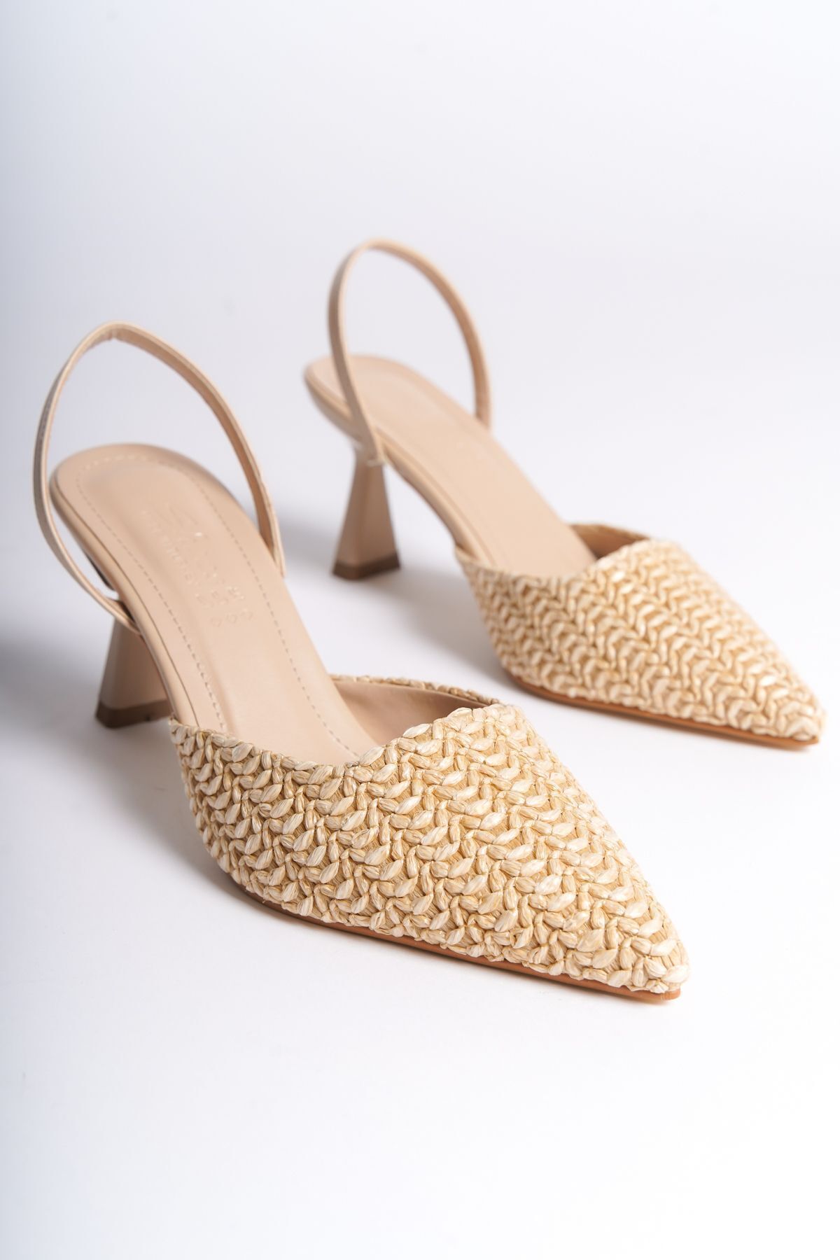 Shoesers Kadın Özel Tasarım Sivri Burunlu Hasır Kaplamalı Günlük Topuklu Ayakkabı