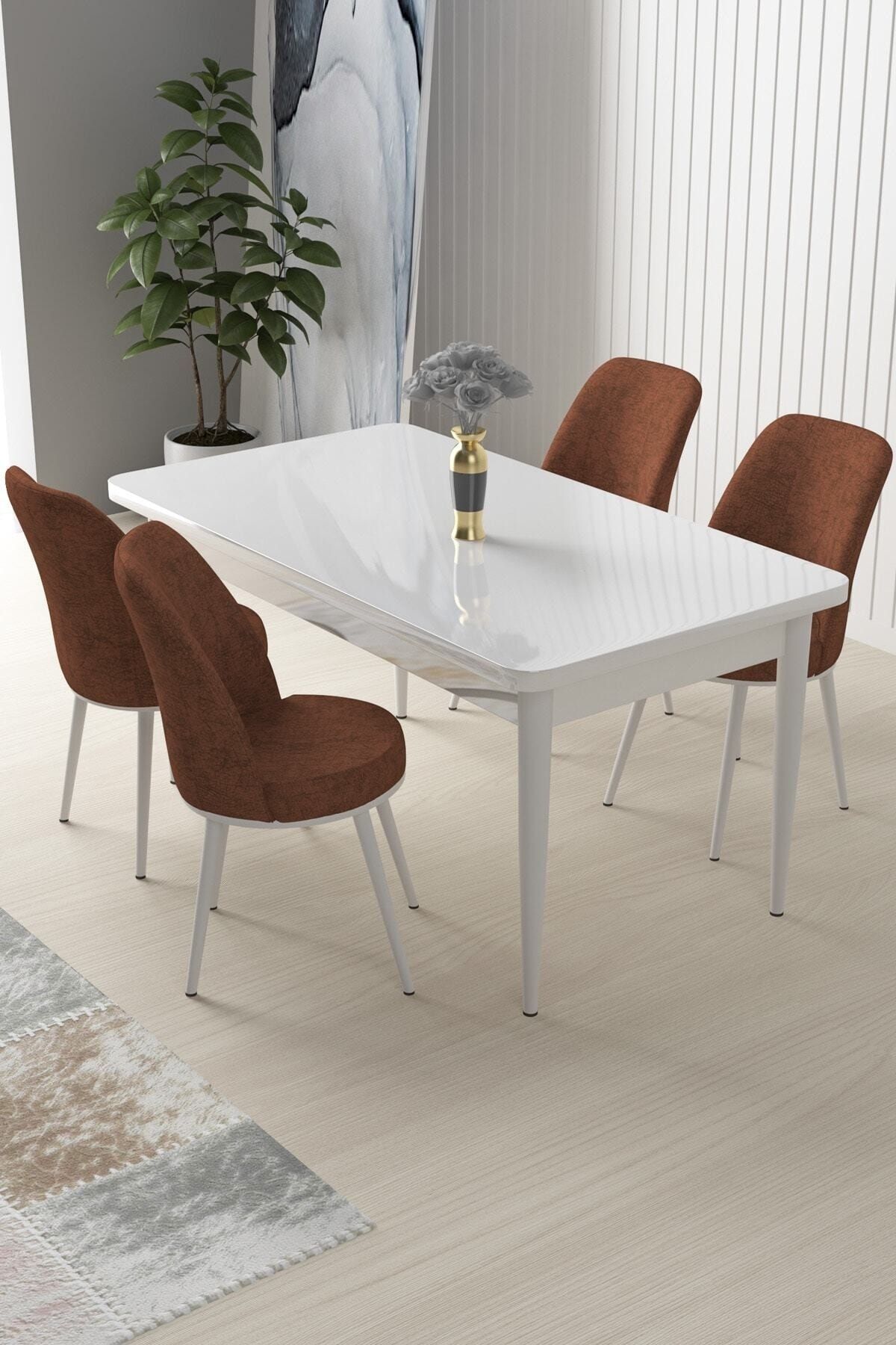 Canisa Concept Nil Serisi Beyaz Sabit Mutfak Masa Takımı +4 Adet Kiremit Sandalye
