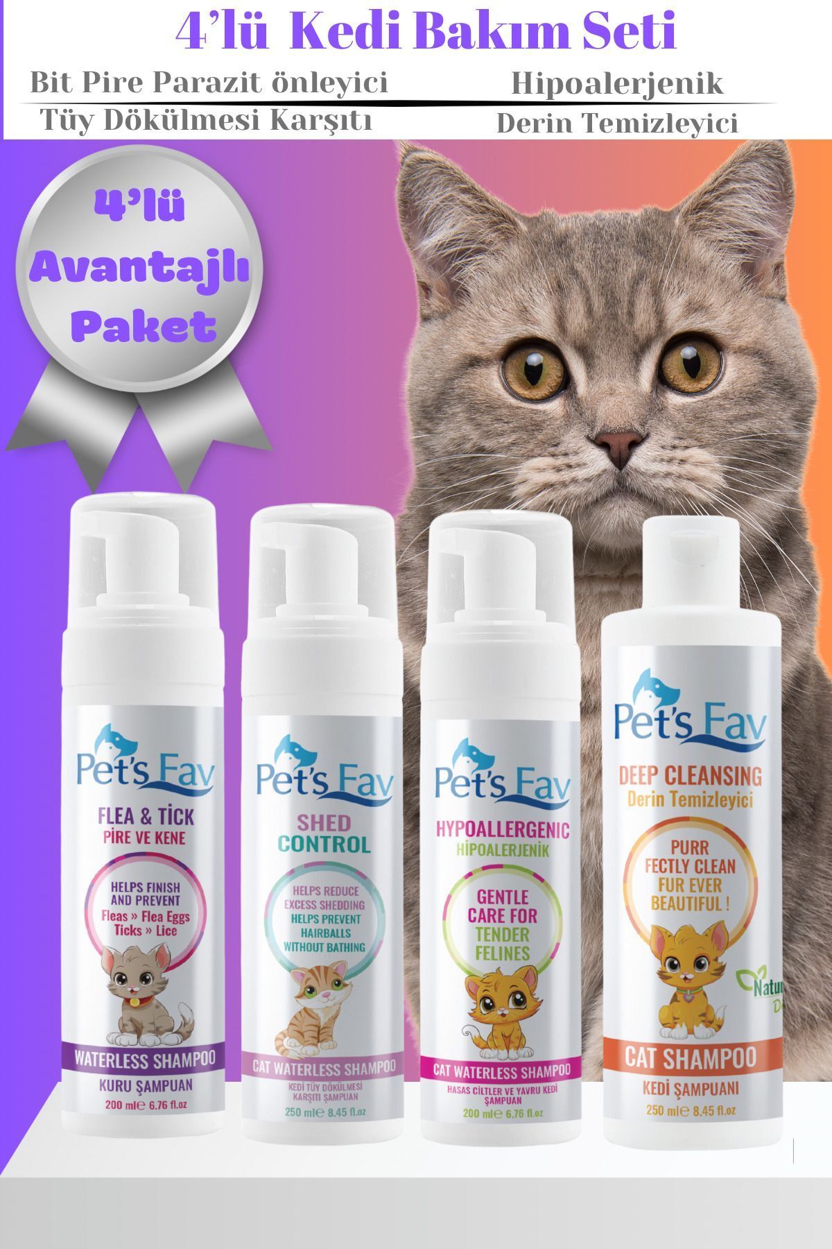 Pets Fav 4'lü Kedi Kuru Köpük ve Doğal Şampuanı Bakım Seti
