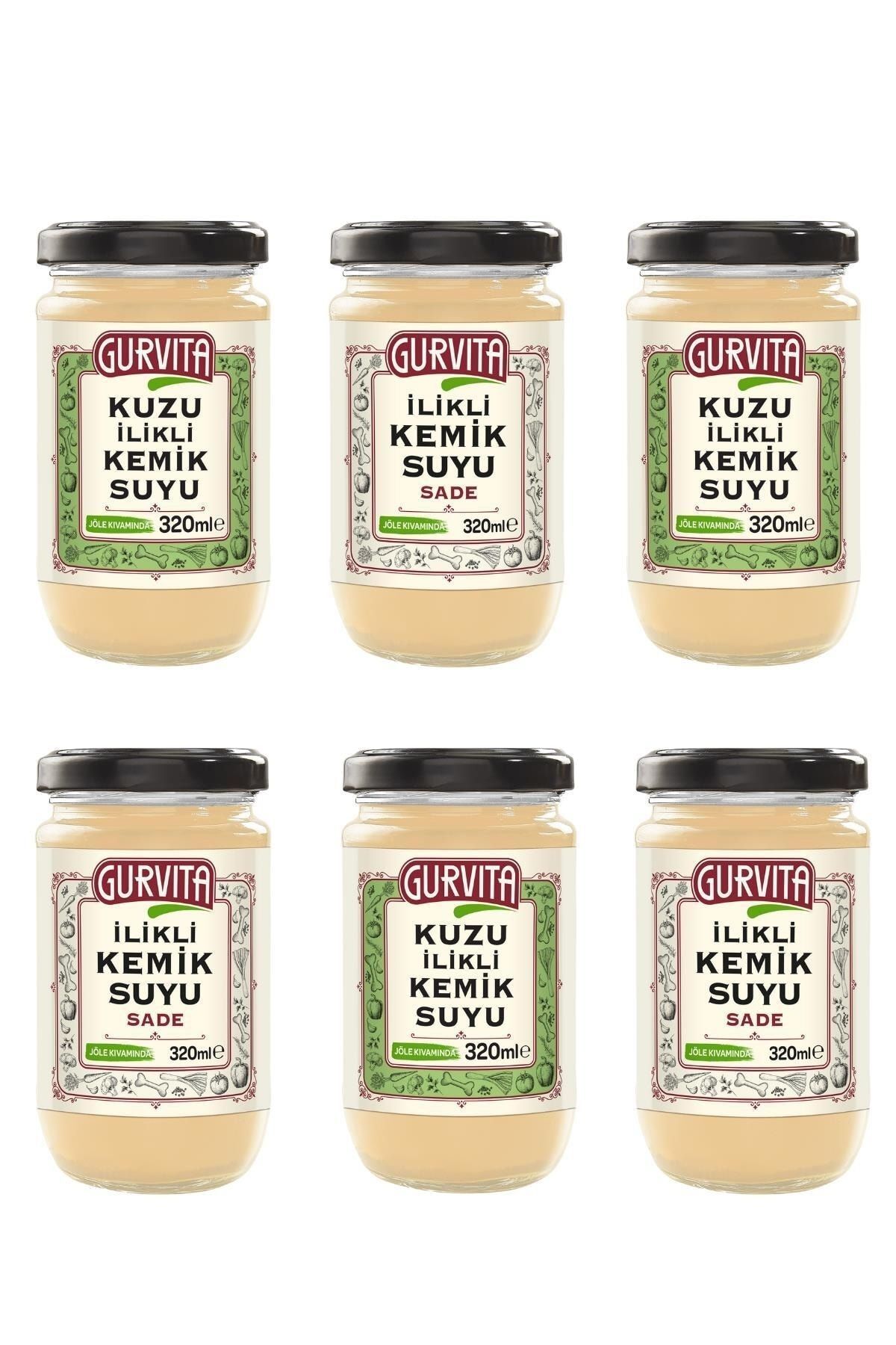 Gurvita Jöle Kıvamında Ilikli Kemik Suyu 3 Adet Sade+3 Adet Kuzu 320 ml 6'iı
