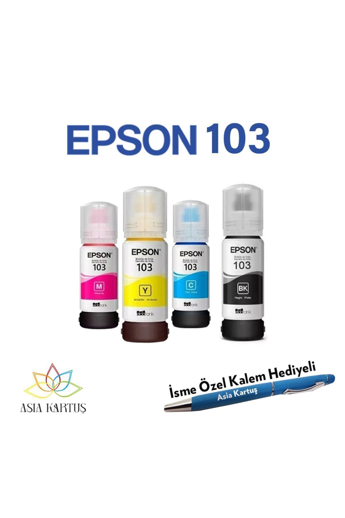 Epson 103 Mürekkep Şişesi 4 Renk Kartuş, Epson EcoTank L3256 Uyumlu Kalem Hediyeli Mürekkep Seti