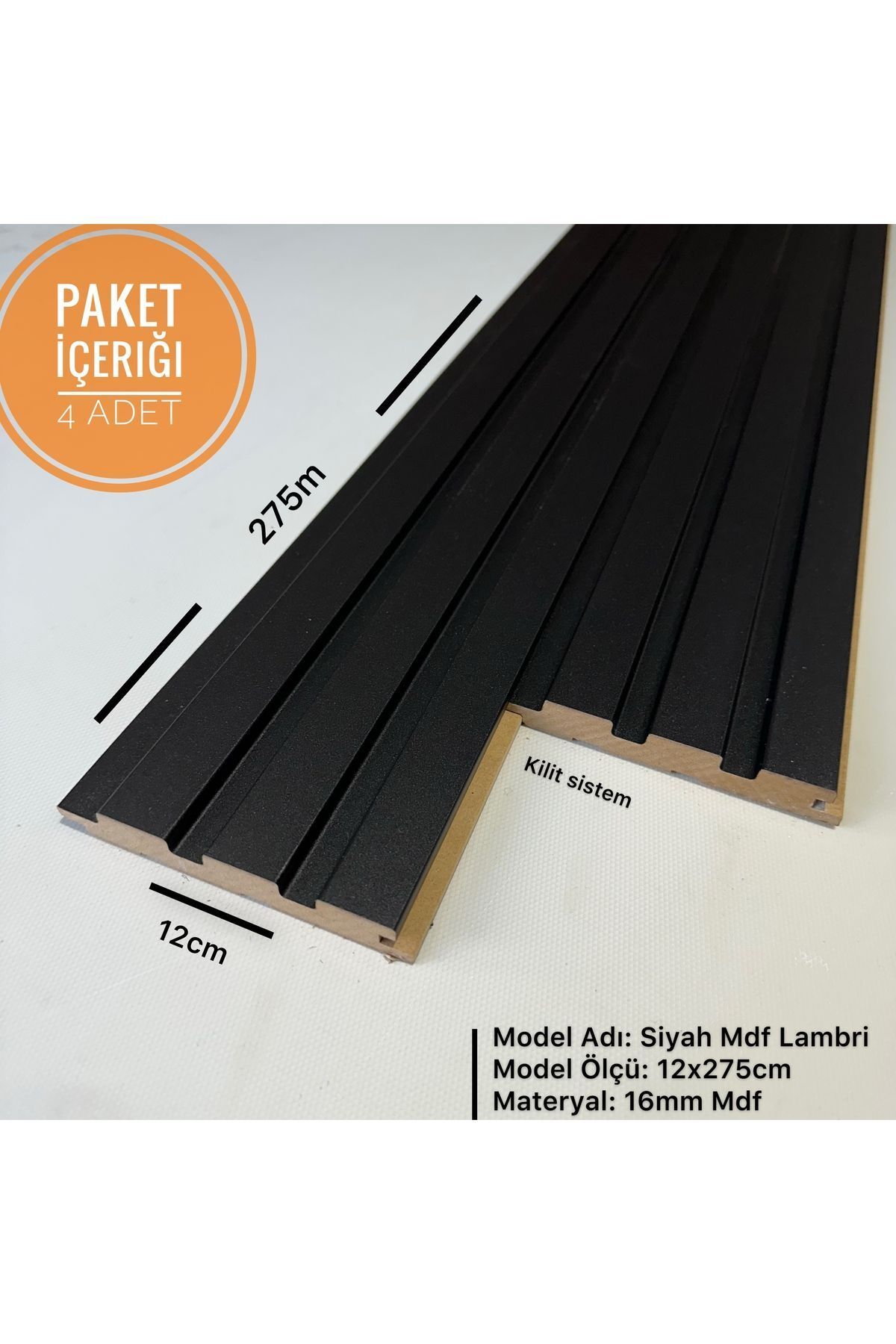 DekorVar (4 Adet) Siyah Mdf Lambri Duvar Paneli 12cm x 275cm