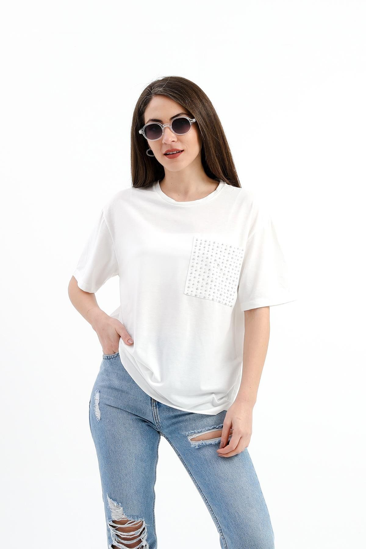 VAPUR TEKSTİL Zımba Detaylı Cepli T- shirt - Ekru