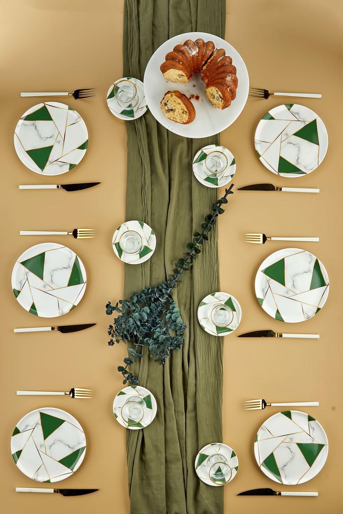 Babion Lüx Seramik Zümrüt Yeşili Mozaik Mermer 18 Parça 6 Kişilik Kahvaltı Takımı, Pasta Seti