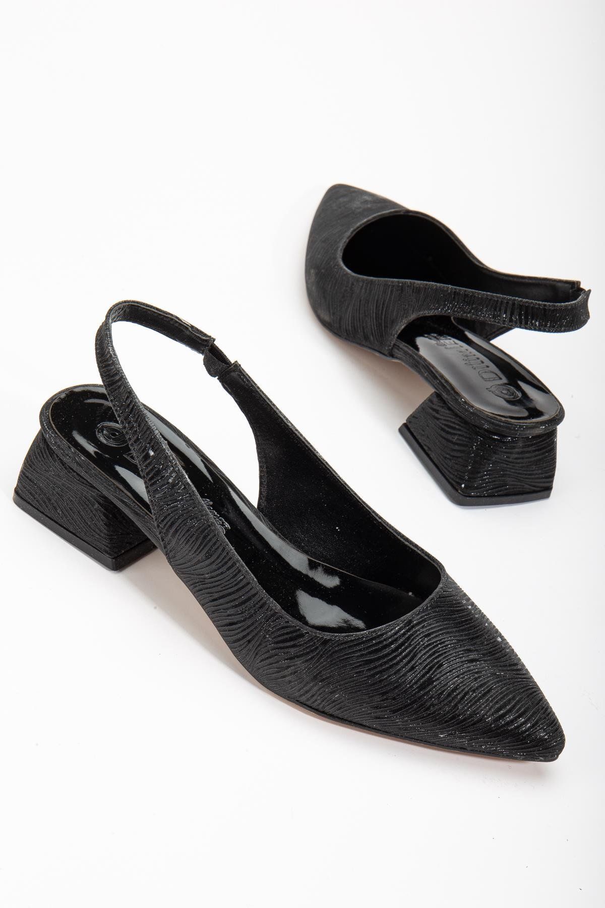 Dilimler Ayakkabı Büyük Numara Parlak çizgili Deri Siyah Kadın Topuklu Ayakkabı