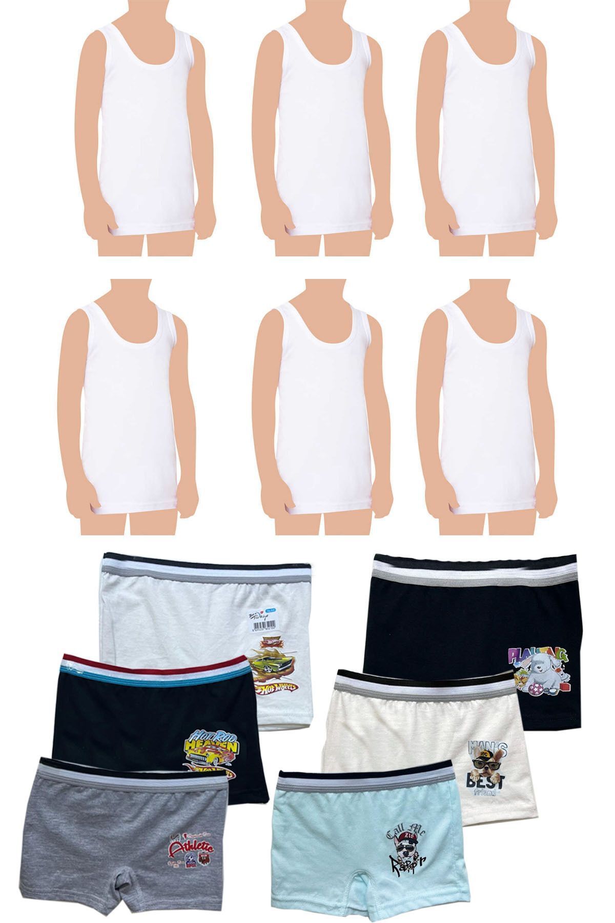 Belifanti Collection Erkek Çocuk Pamuklu 6'lı Beyaz Atlet 6'lı Karışık Renk Boxer 12 Parça Set