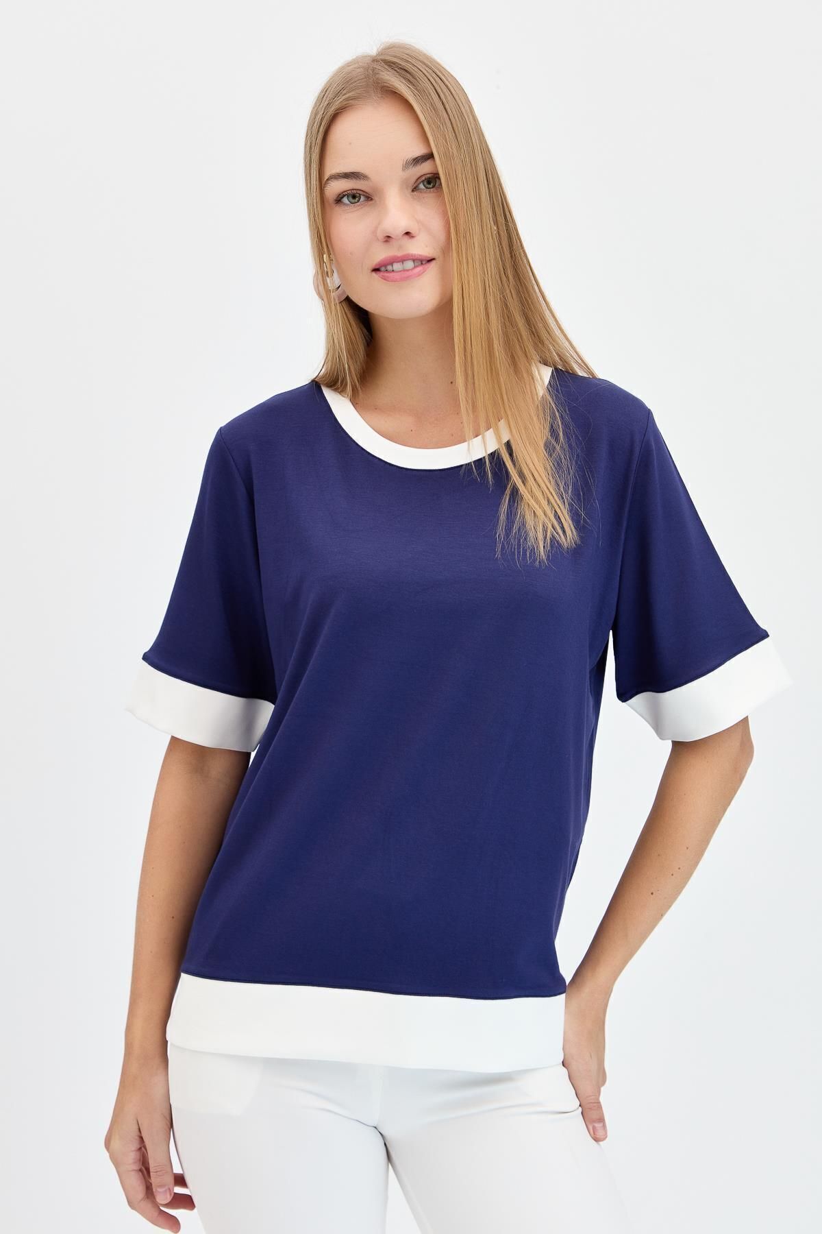 Desen Triko Kadın Sıfır Yaka Önü Kısa Penye T-shirt Lacivert