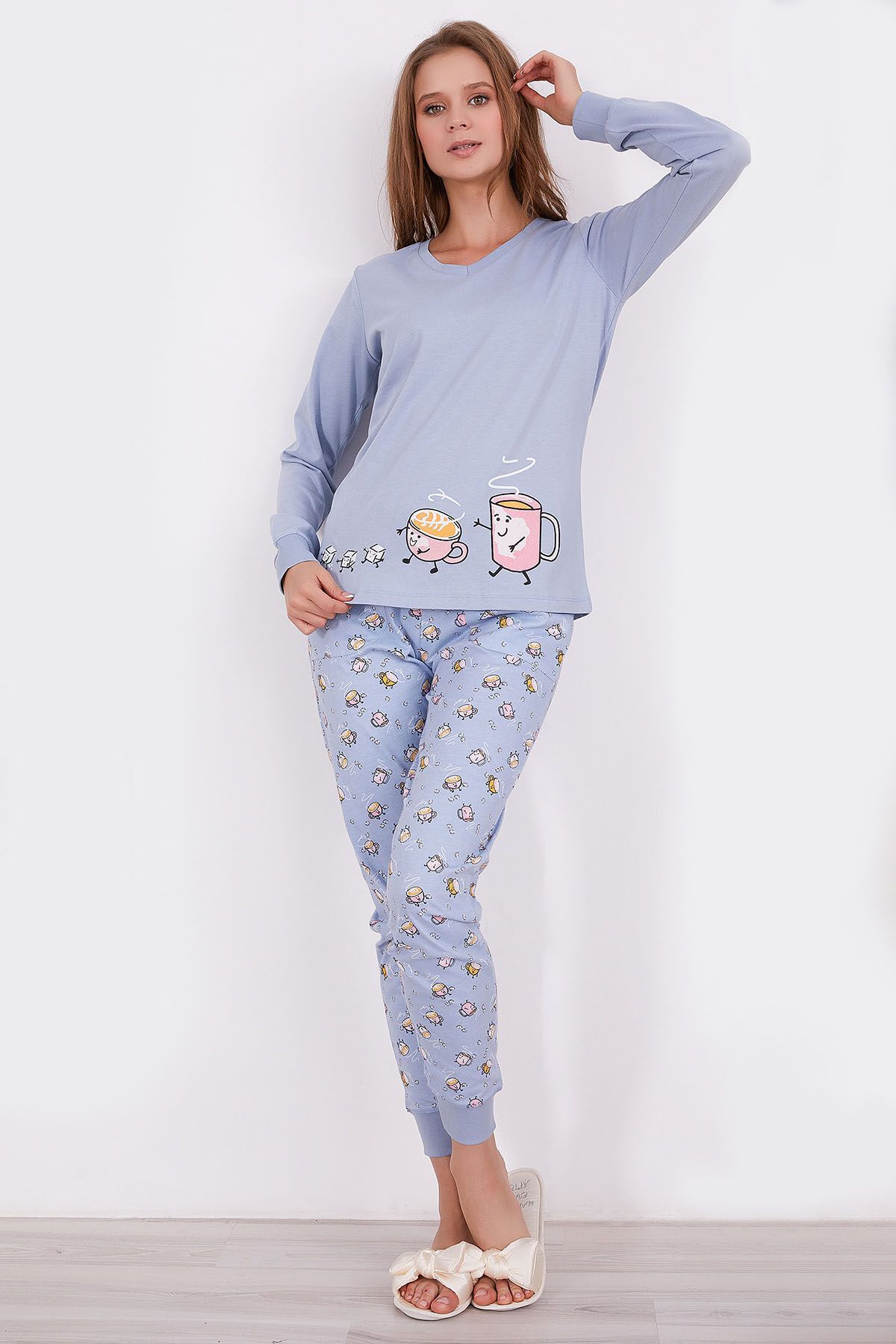Arnetta Coffee Mavi Kadın Uzun Kol Pijama Takım