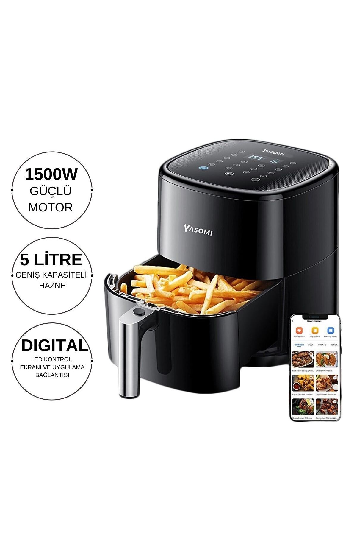 Yasomi Y22 Siyah Airfryer 1500w 5lt Akıllı Fritöz ( Türkiye Garantili)