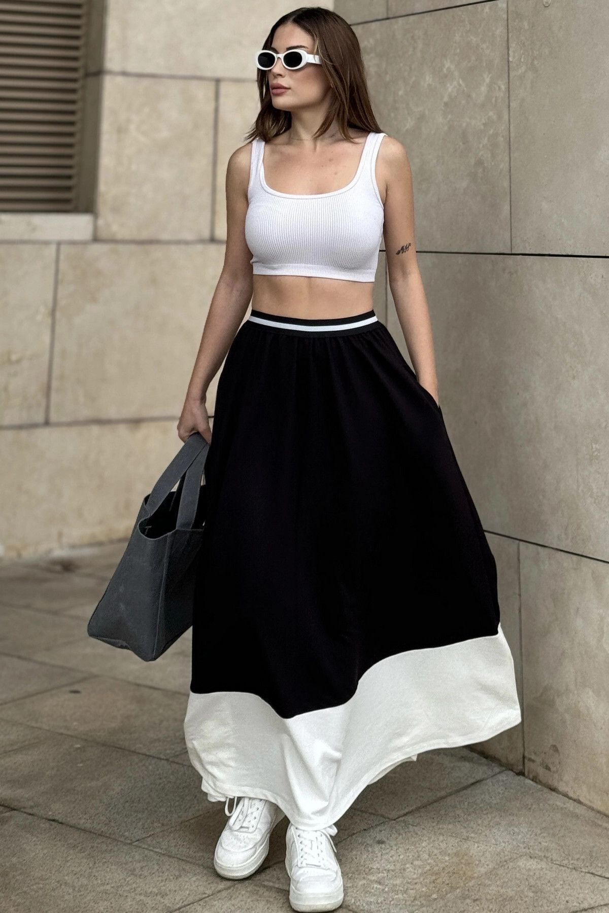 New Laviva Kadın Siyah & Beyaz Color Block Desen,beli Lastikli, Rahat Kalıp, Cepli Uzun Etek