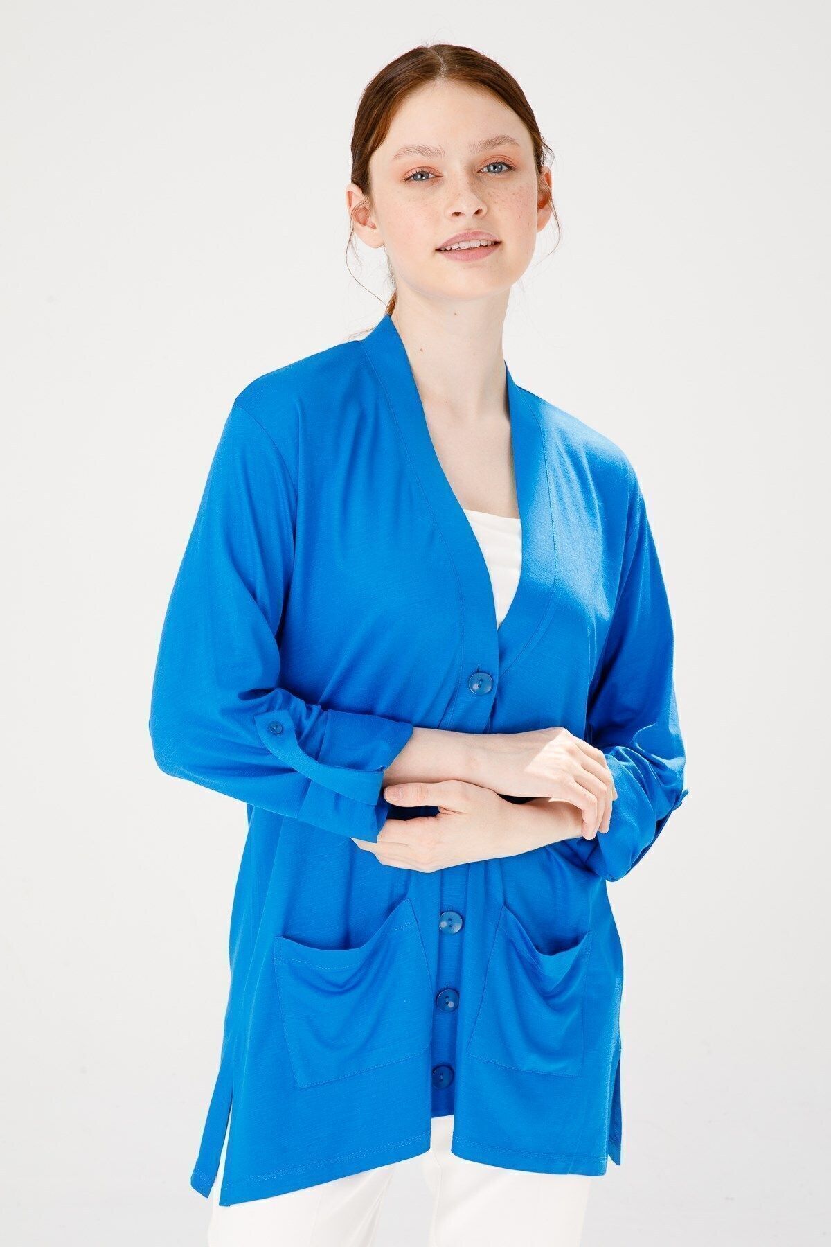 Desen Triko Kadın V Yaka Uzun Kol Cepli Düğmeli Penye Ceket Saks Mavi