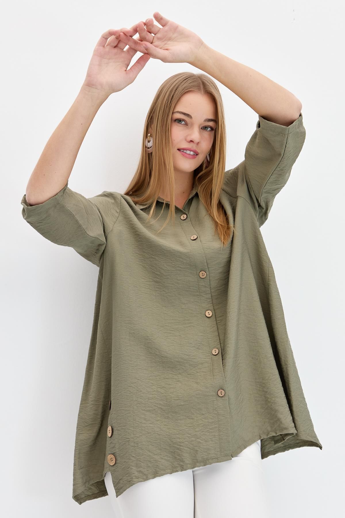 Desen Triko Kadın Yanları Düğmeli Oversize Gömlek Haki