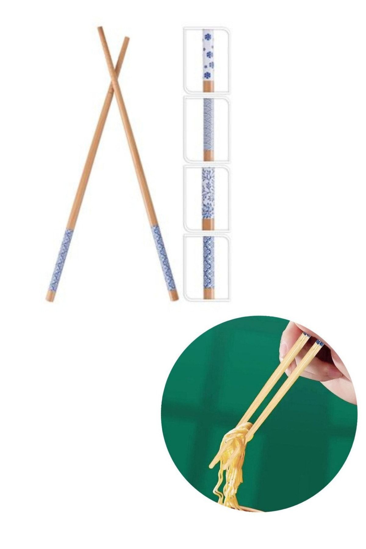 Kitchen Design Lab Mavi Beyaz Tasarım Chopstick, Yıkanabilir Bambu Yemek Çubuğu, Sushi Japon Çin Yemek Çubuğu, 24 cm