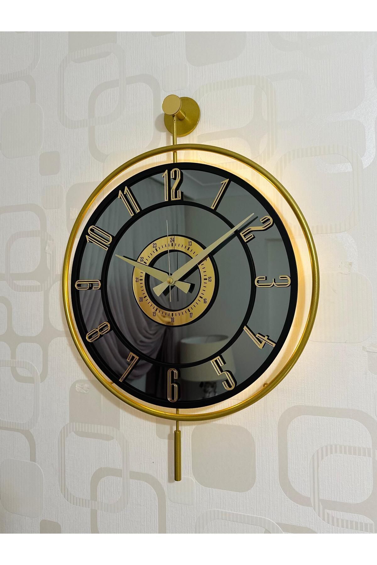 Pey Aksesuar Metal Camlı Duvar Saati Işıklı Gerçek Cam Duvar Saati Modern Tasarım
