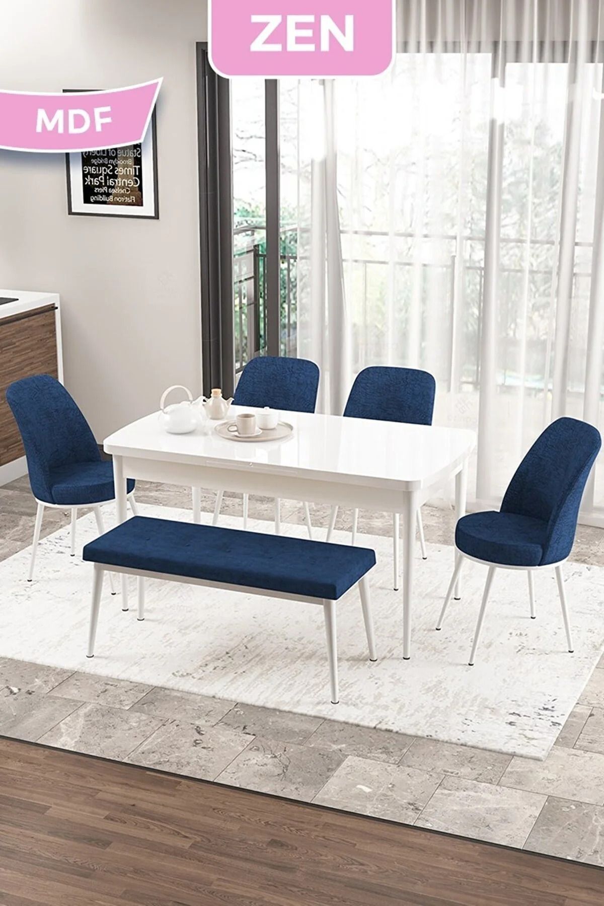 Canisa Concept Zen Serisi, 80x132 Açılabilir Mdf Masa Takımı, Beyaz Masa Ve 4 Lacivert Sandalye Ve 1 Bench