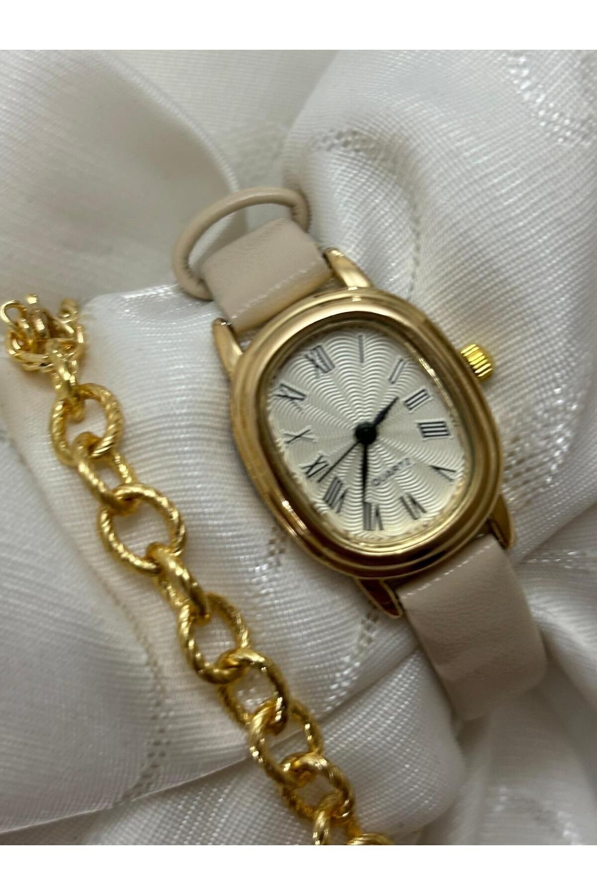Brality Retro Minimal Deri Kordon Vintage Oval Gold Kasa Kadın Kol Saati Bej Rengidir