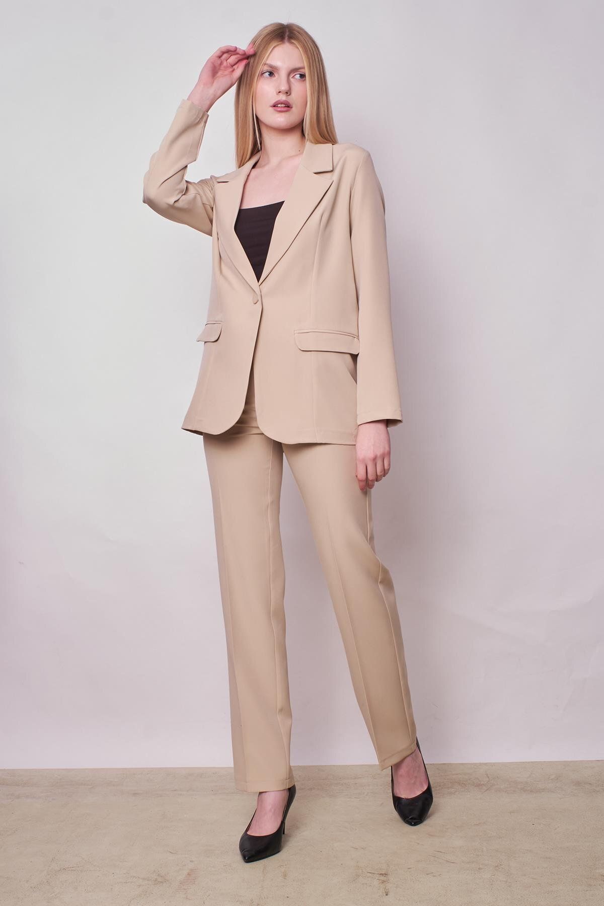 Jument Kadın Yüksek Bel Yan Cepli Boru Paça Şık Kırışmaz Hafif Likralı Kumaş Klasik Pantolon(ceket Jument 3