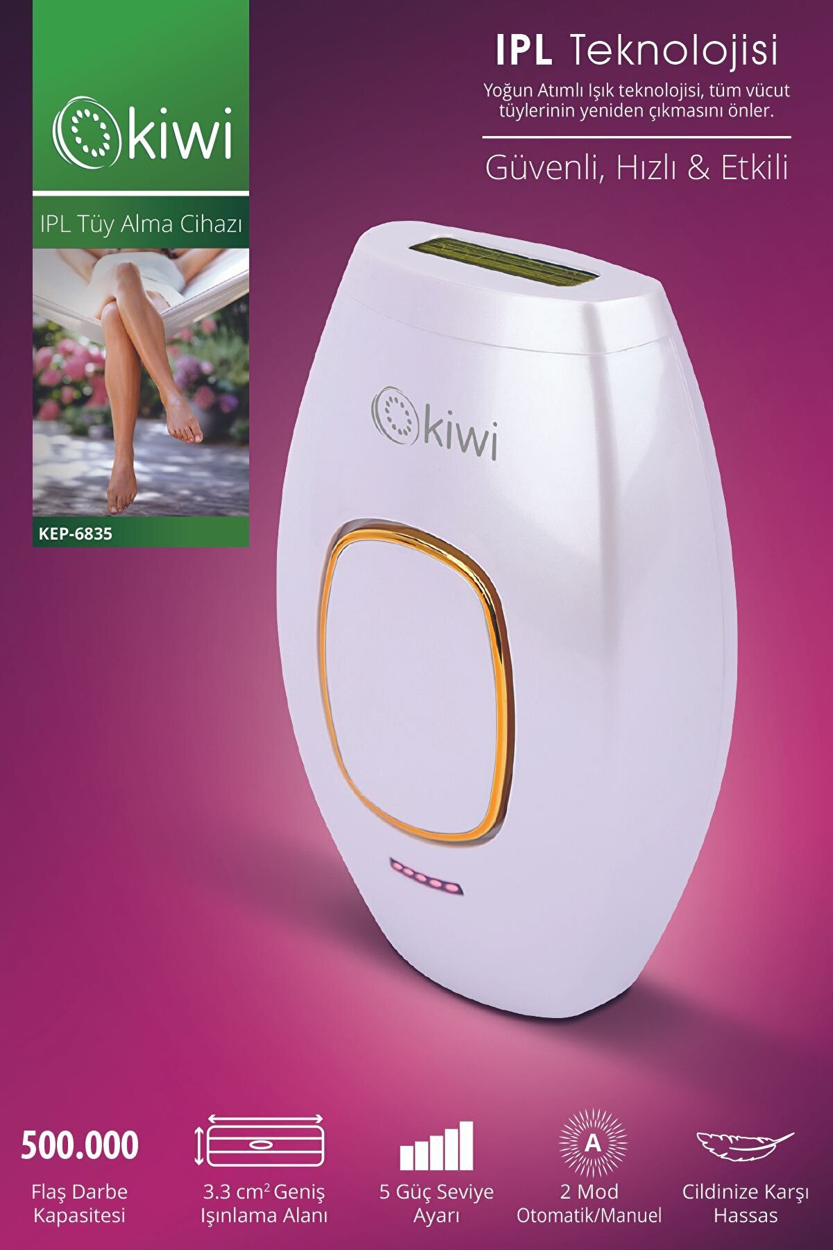 Kiwi Ipl Lazer Epilasyon Tüy Alma Cihazı Otomatik Yüz,vücut,hassas Bölge Kullanımı 500.000 Atım