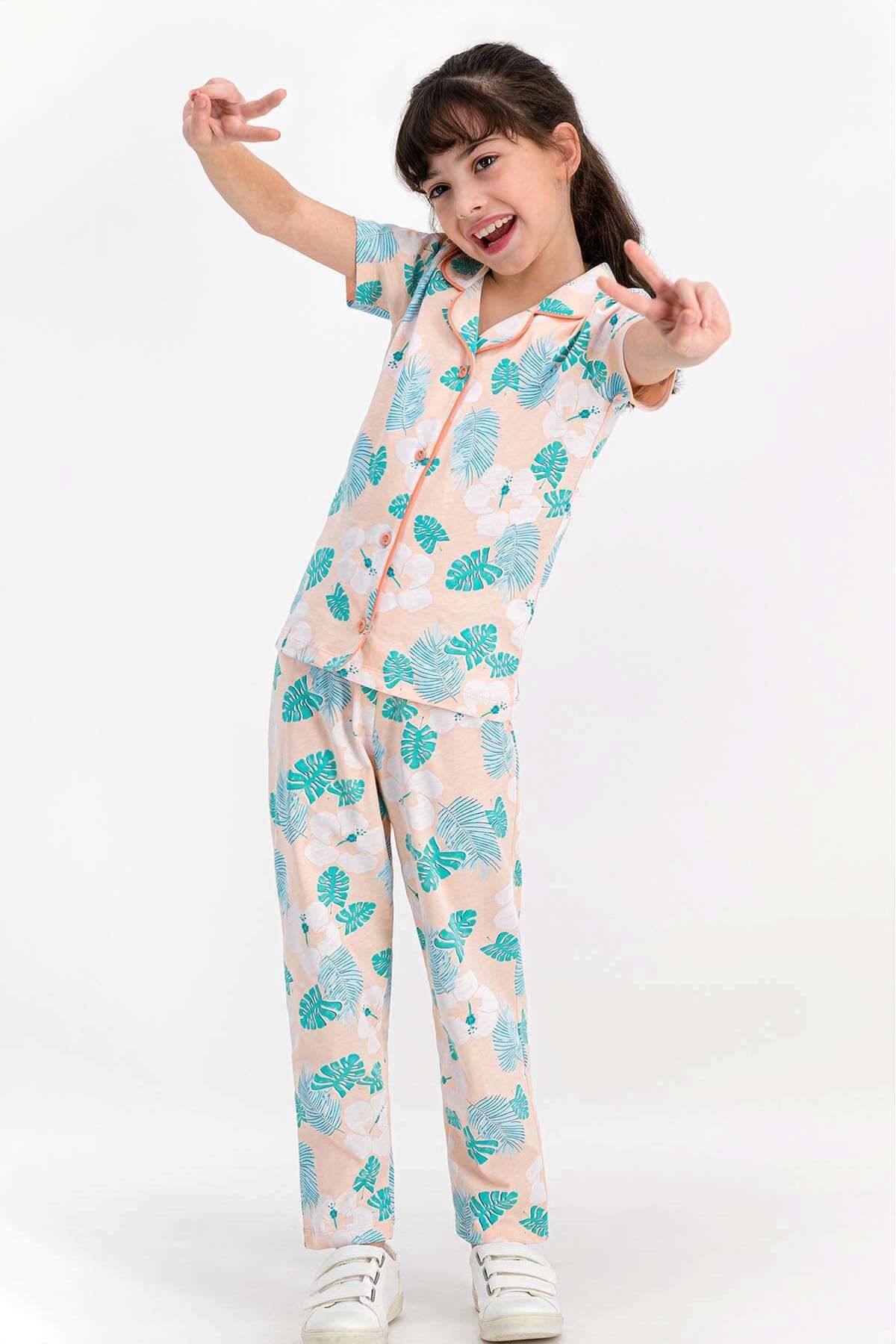 Rolypoly Rolypoly Tropical Flowers Yavruağzı Düğmeli Kız Çocuk Gömlek Pijama Takımı