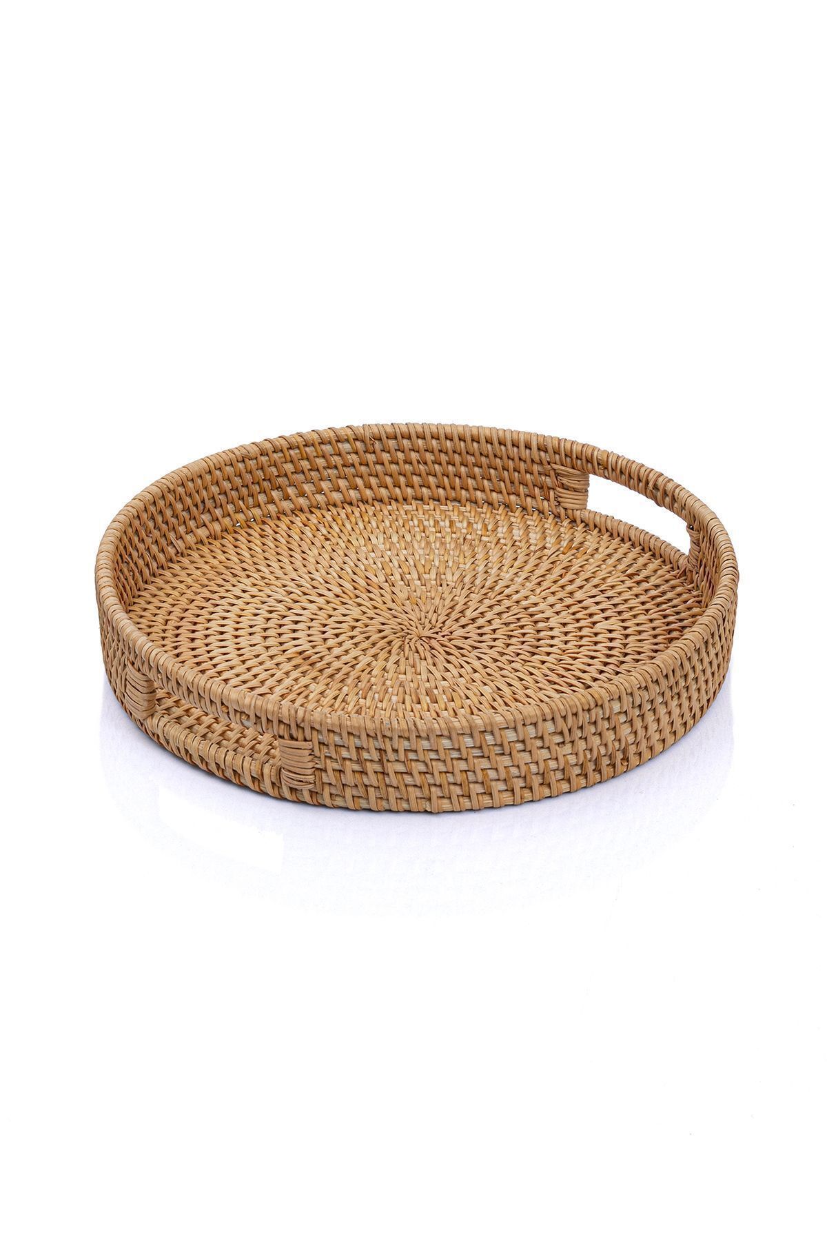 Koza Home Meander El Yapımı Yuvarlak Küçük Boy Rattan Çok Amaçlı Kulplu Tepsi 30cm 8982