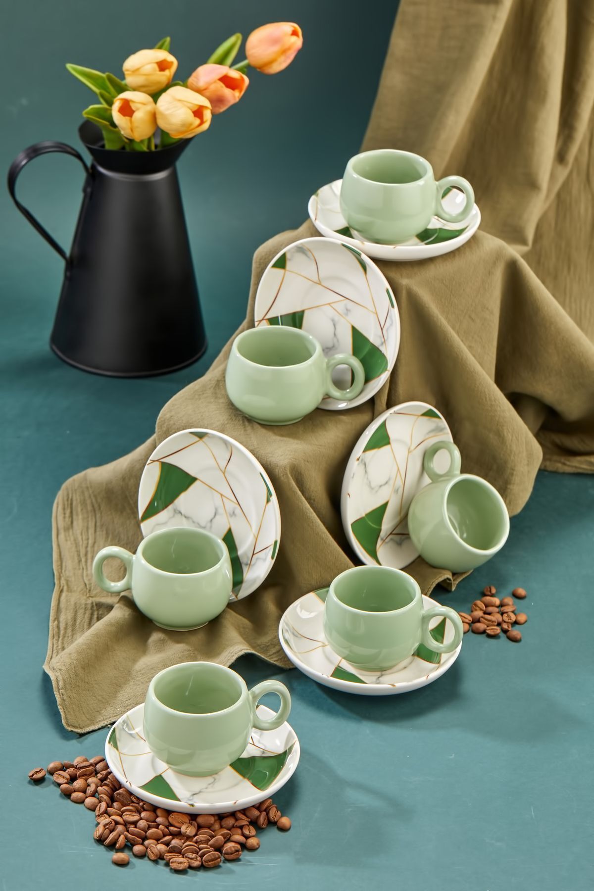 Babion Mozaik Mermer Yeşil Lüx Seramik Kahve Fincan Takımı, Kahve Fincanı
