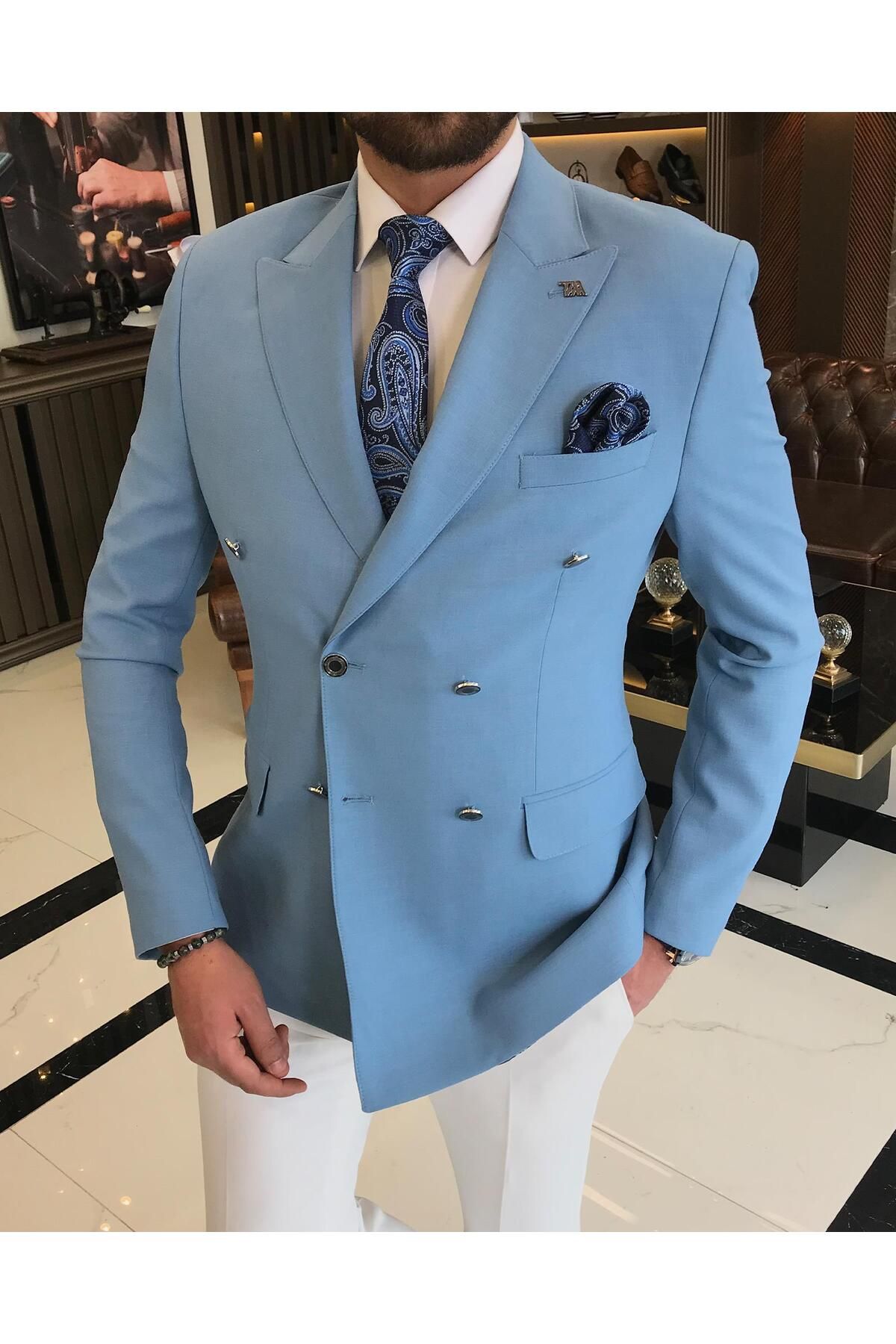 TerziAdemAltun İtalyan Stil Erkek Slim Fit Kırlangıç Yaka Keten Karışımlı Kruvaze Ceket Mavi T7677