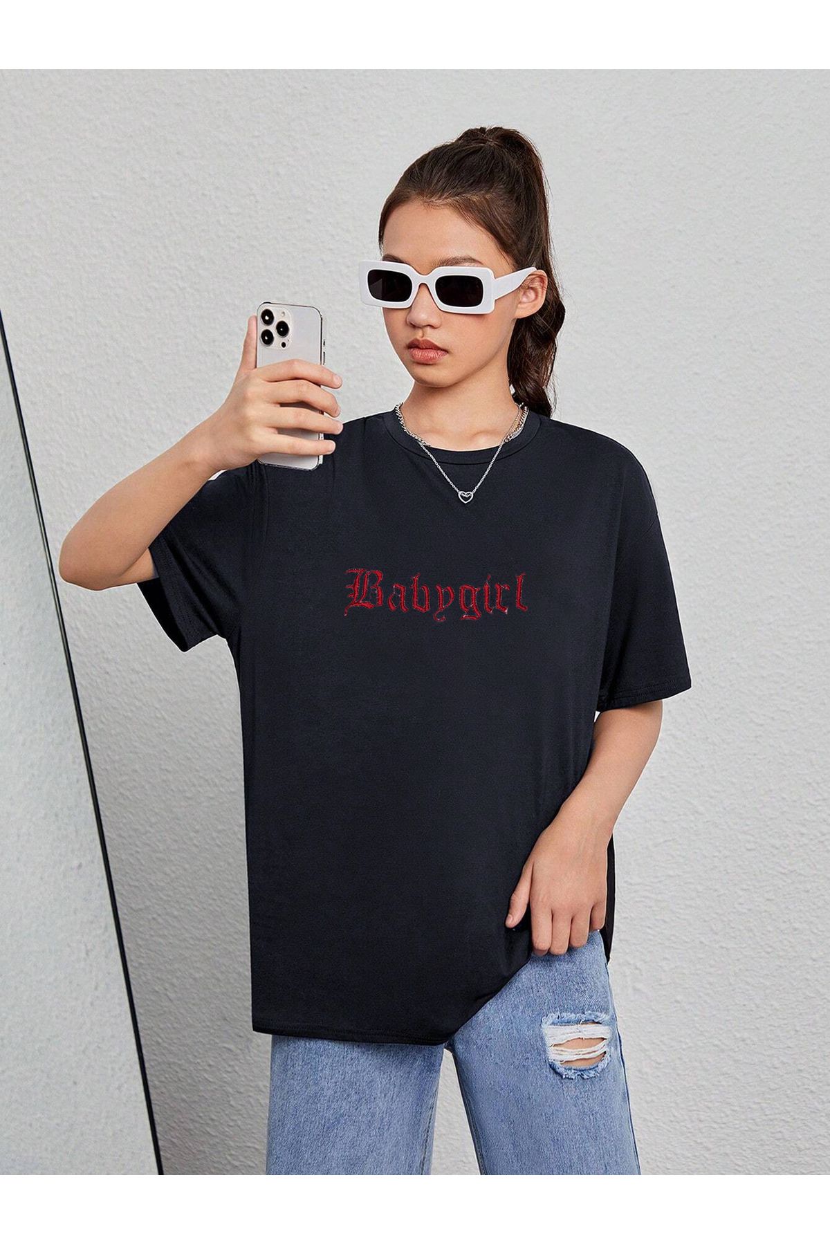 Heybely Kids Babygirl İşlemeli Nakışlı Kız Çocuk Tişört Bisiklet Yaka Oversize