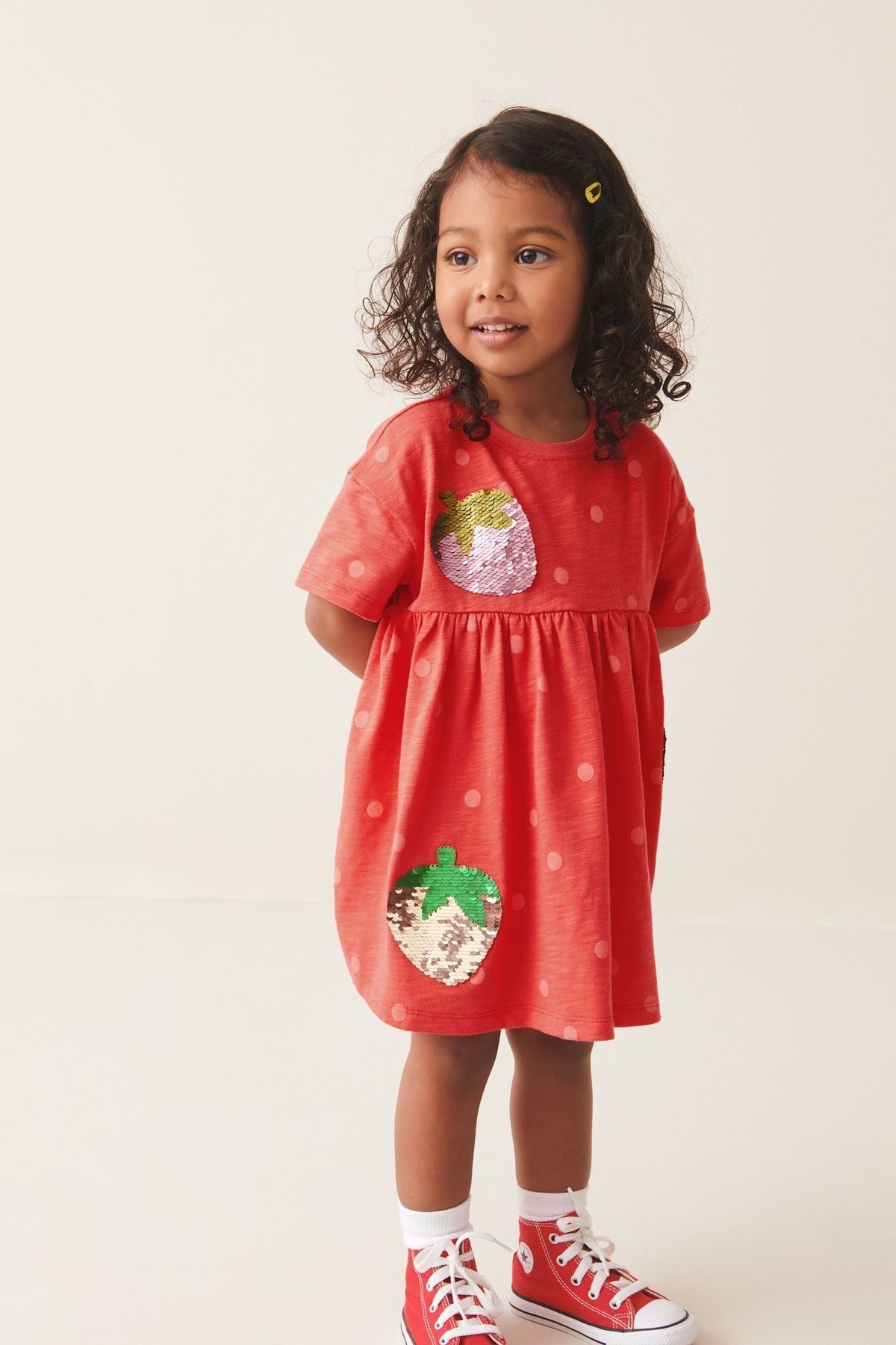 Next Baby New  Cotton Red Strawberry Patterned Sequined Short Sleeve Dress