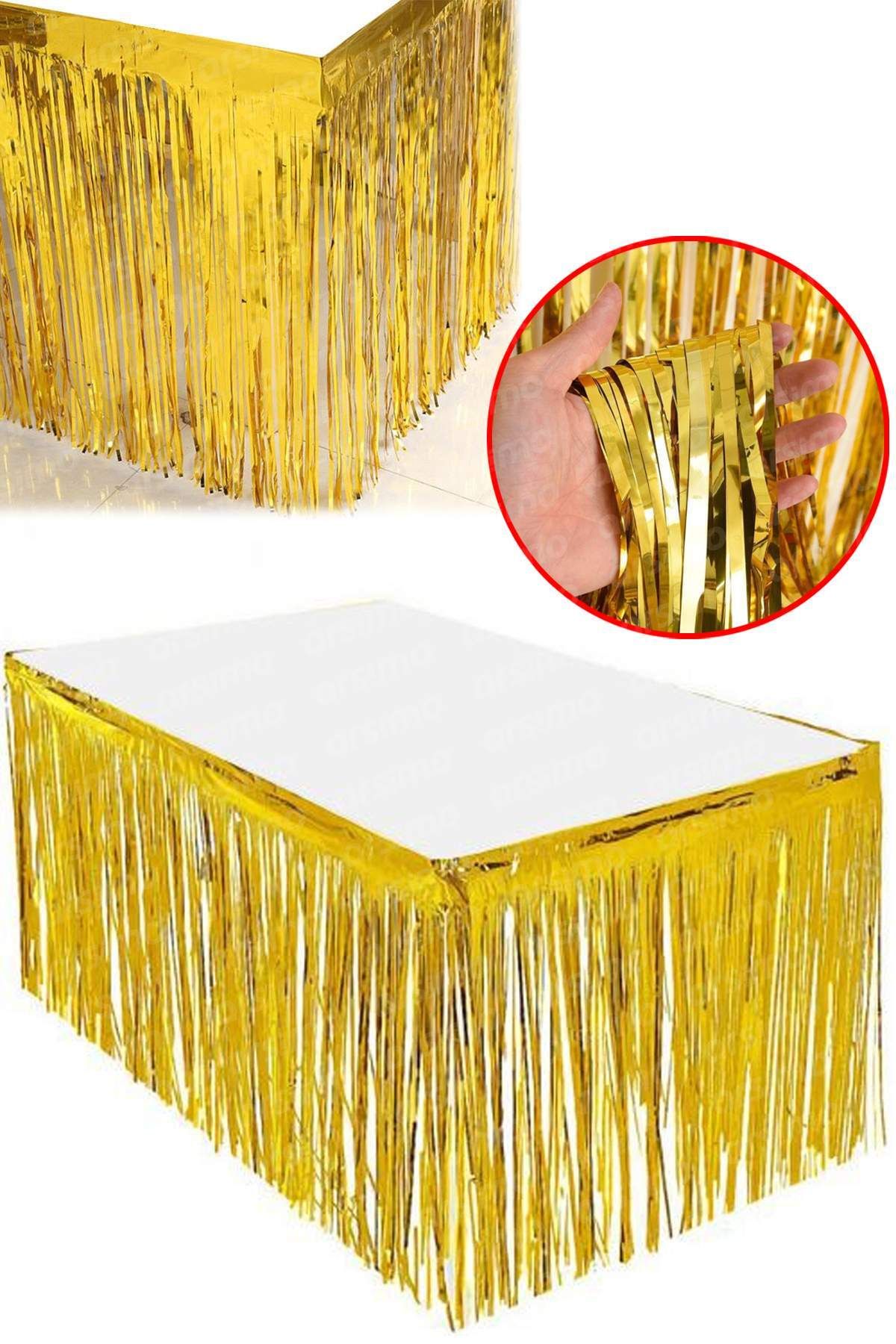 Arsimo Işıltılı Metalize Masa Eteği Dekoratif Püskül Gold | Masa Eteği 400 X 65cm
