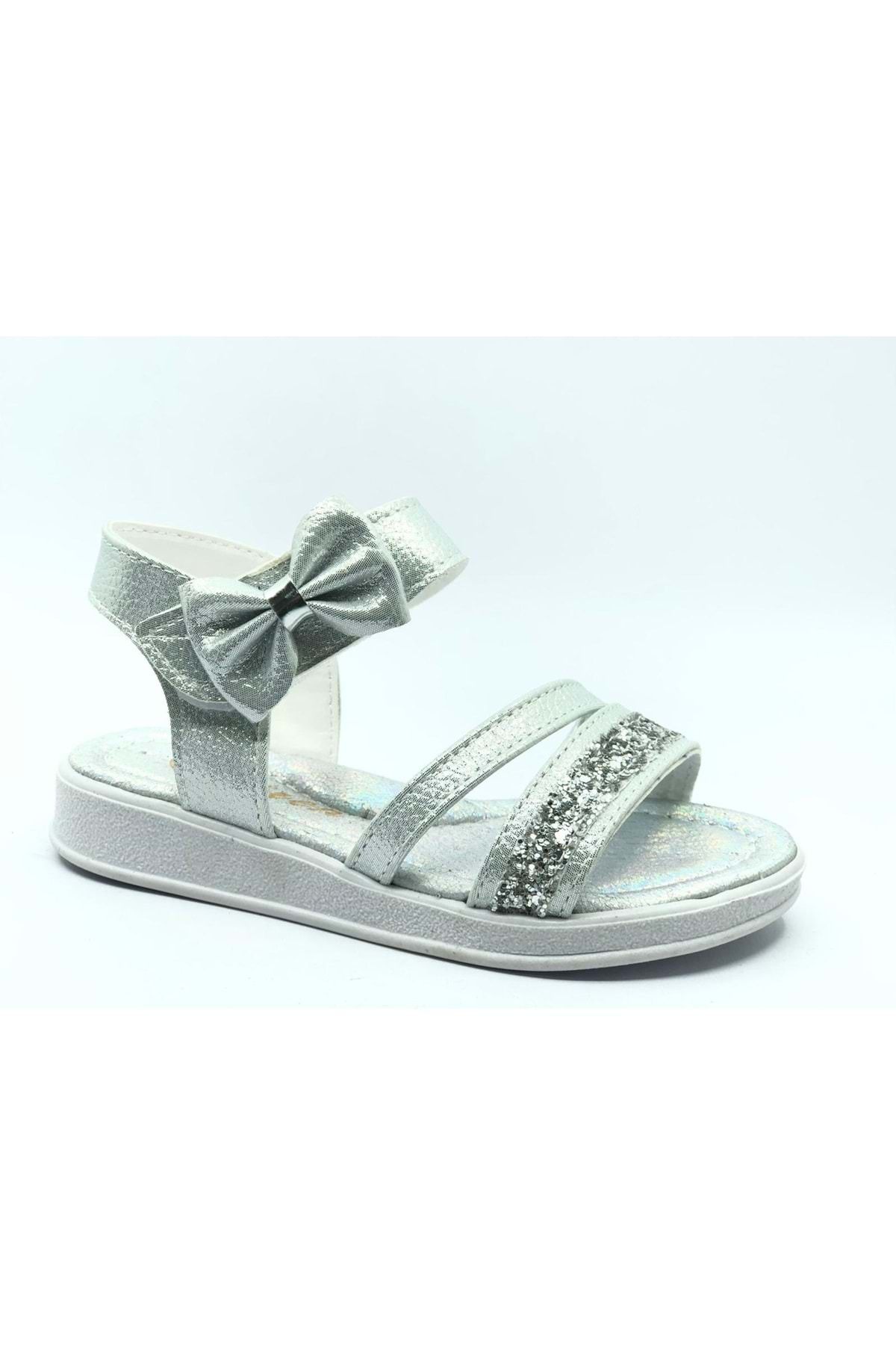 Kids Club Shoes İremsu Fiyonk Taşlı Cırtlı Kız Çocuk Sandalet Gümüş