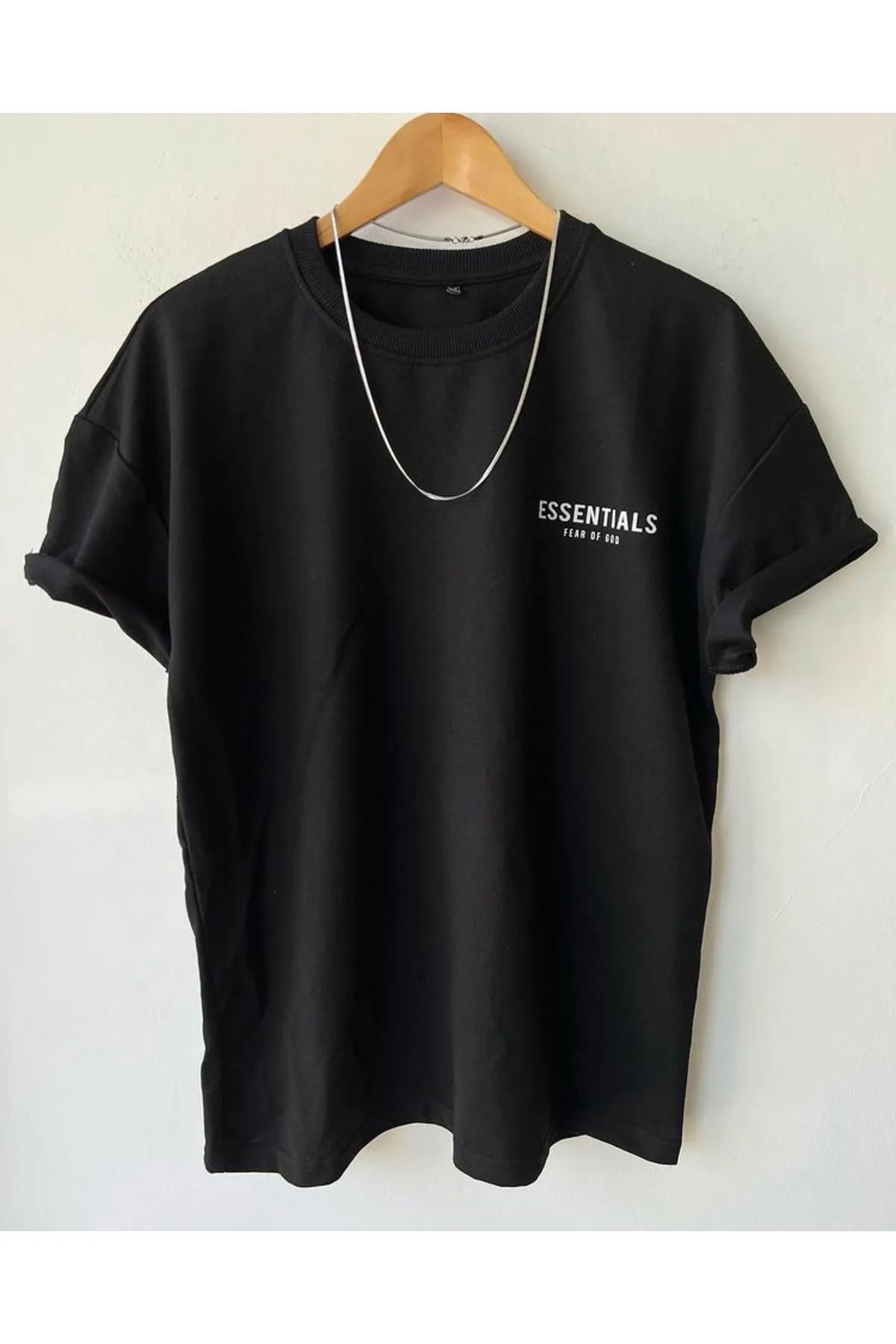 Boi Erkek Essentials FOG Mini Baskılı Oversize Relaxed Fit Unisex T-shirt- Beyaz Ve Siyah Penye T-shirt