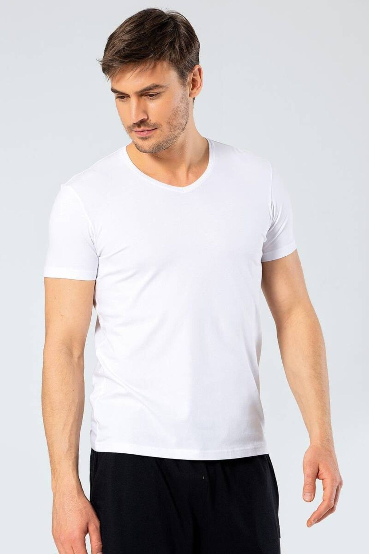 Cacharel Erkek V Yaka Likralı T-shirt Beyaz