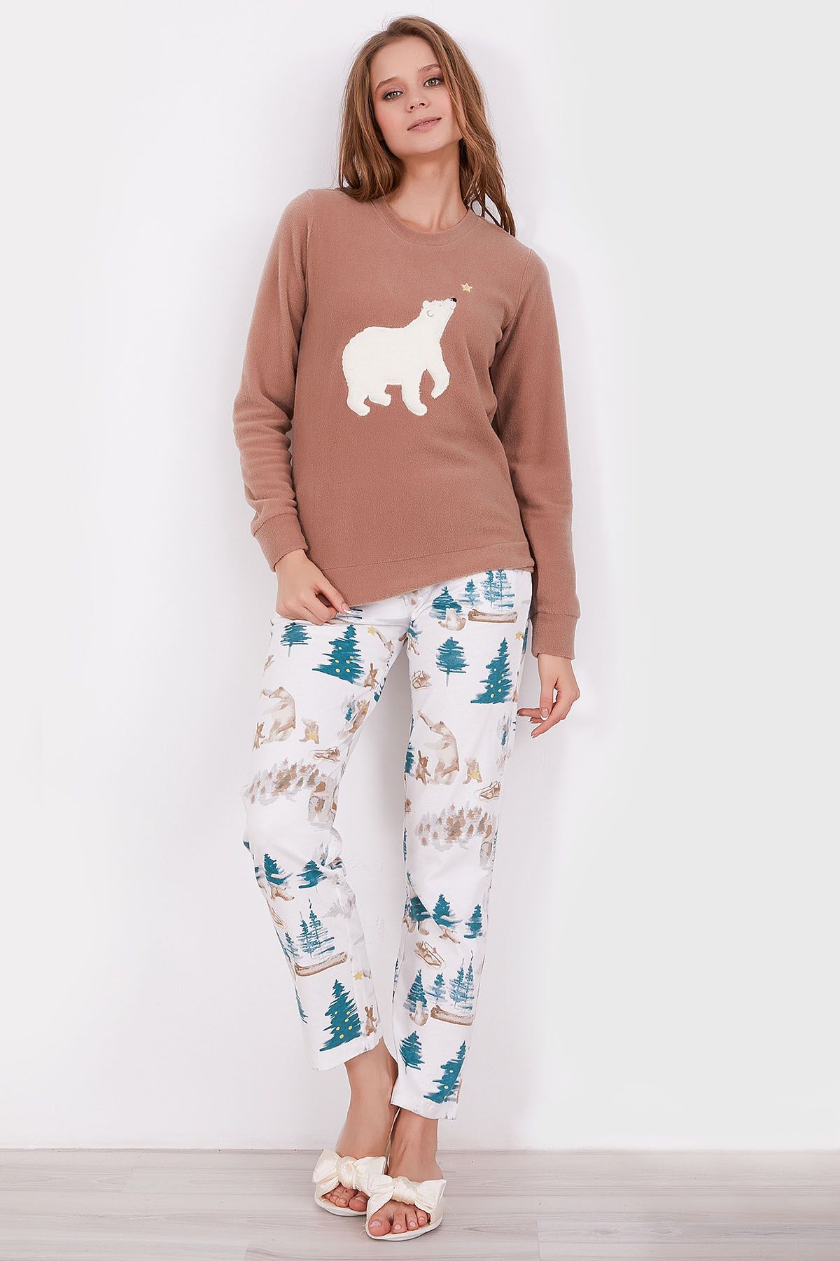 Arnetta Polar Bear Camel Kadın Uzun Kol Pijama Takım