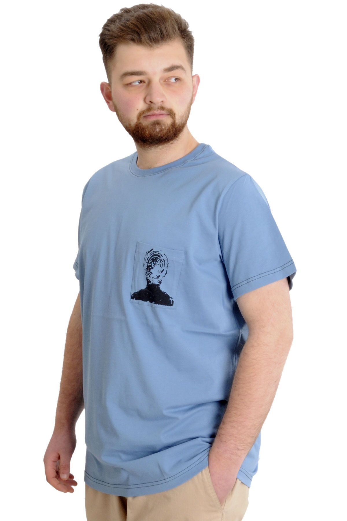 Modexl Mode Xl Büyük Beden Erkek T-shirt Fıngermark 23201 Mavi