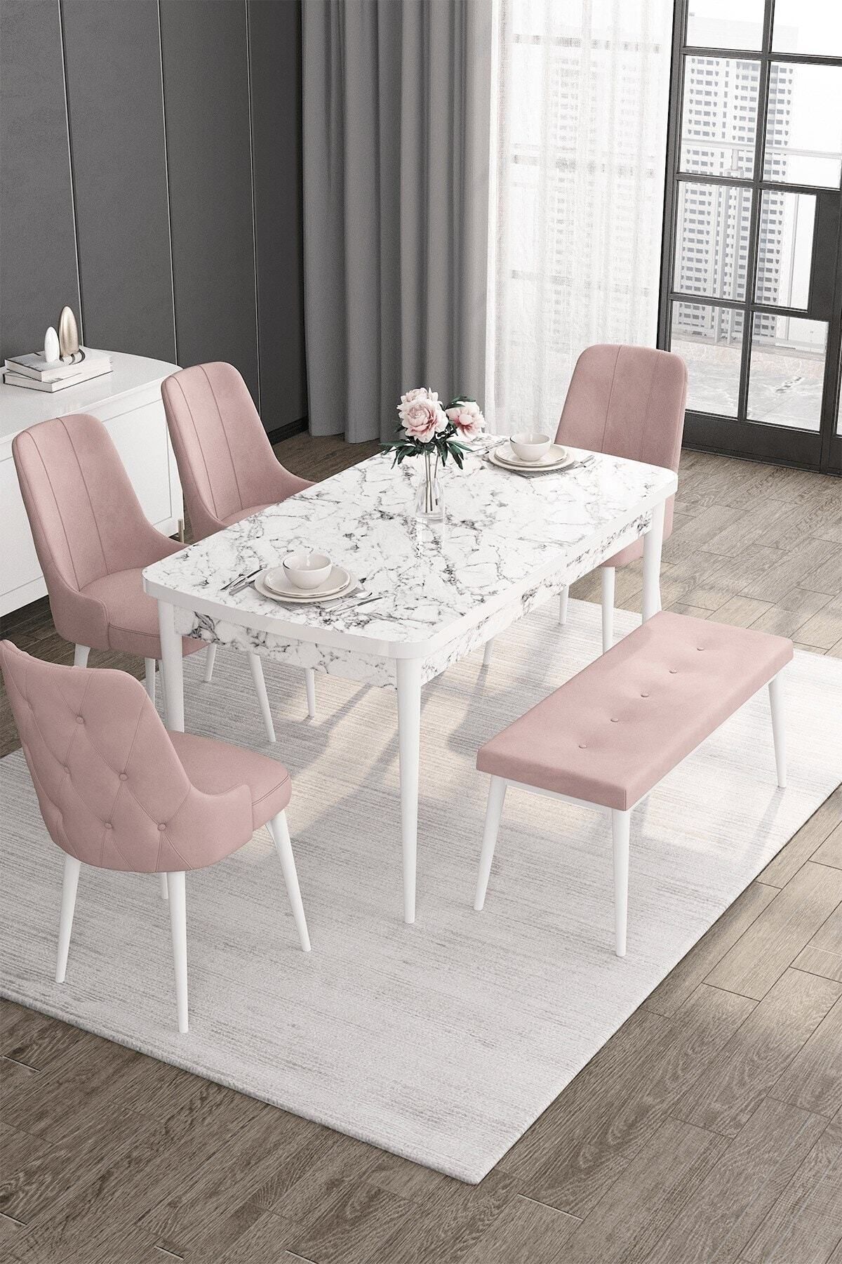 Canisa Concept Roy Serisi,80x132 Mdf Masa,beyaz Mermer Desen Mutfak Masa Takımı, 4 Pembe Sandalye 1 Bench