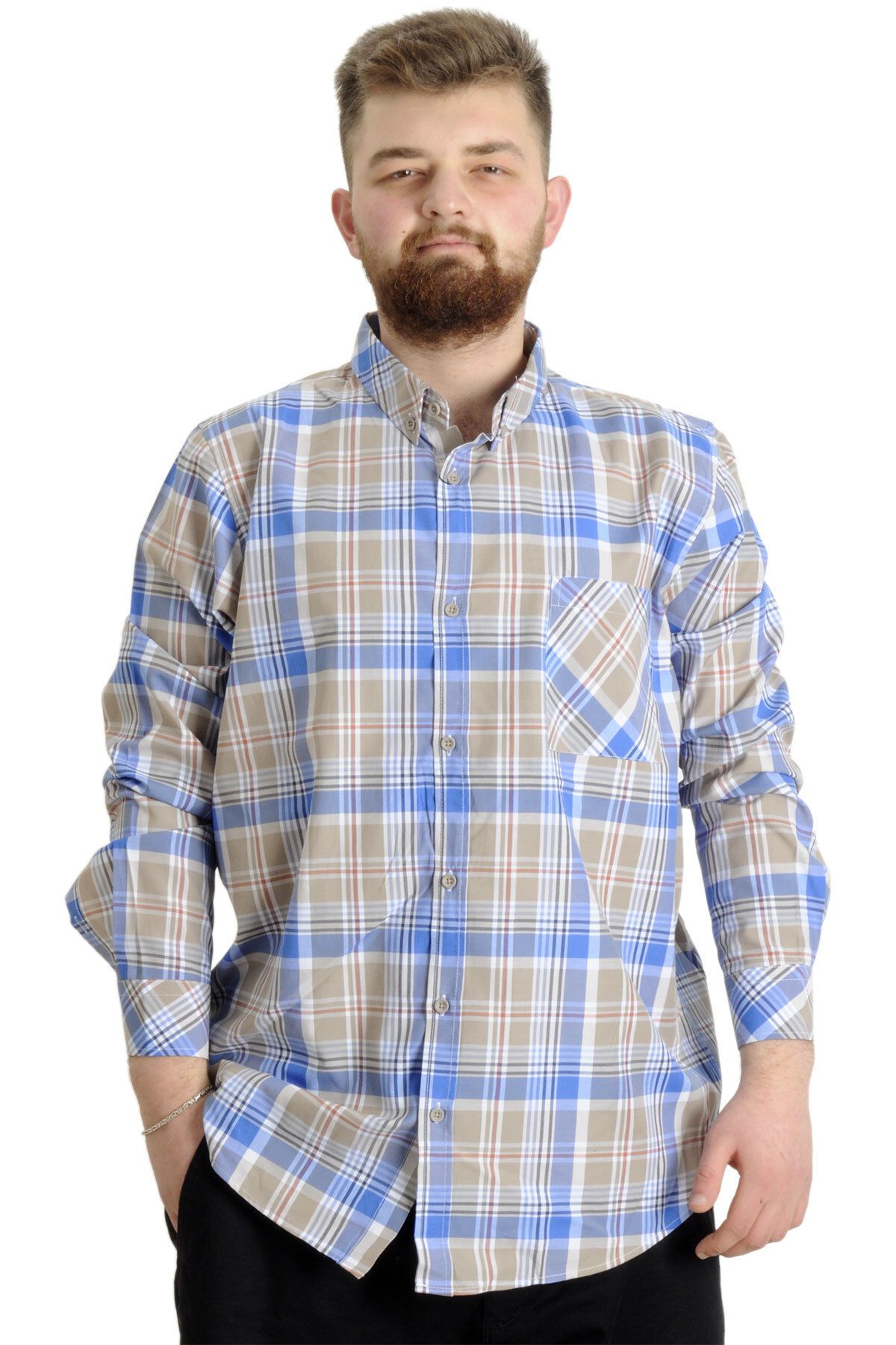 Modexl Mode Xl Büyük Beden Erkek Gömlek Ekose Uzun Kollu 23300 Açık Mavi