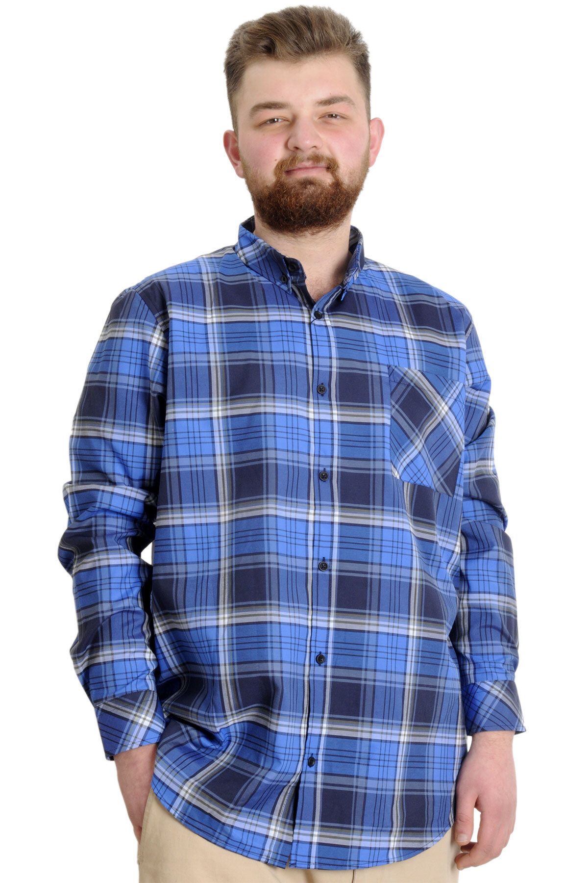 Modexl Mode Xl Büyük Beden Erkek Gömlek Ekose Uzun Kollu 23300 Koyu Mavi
