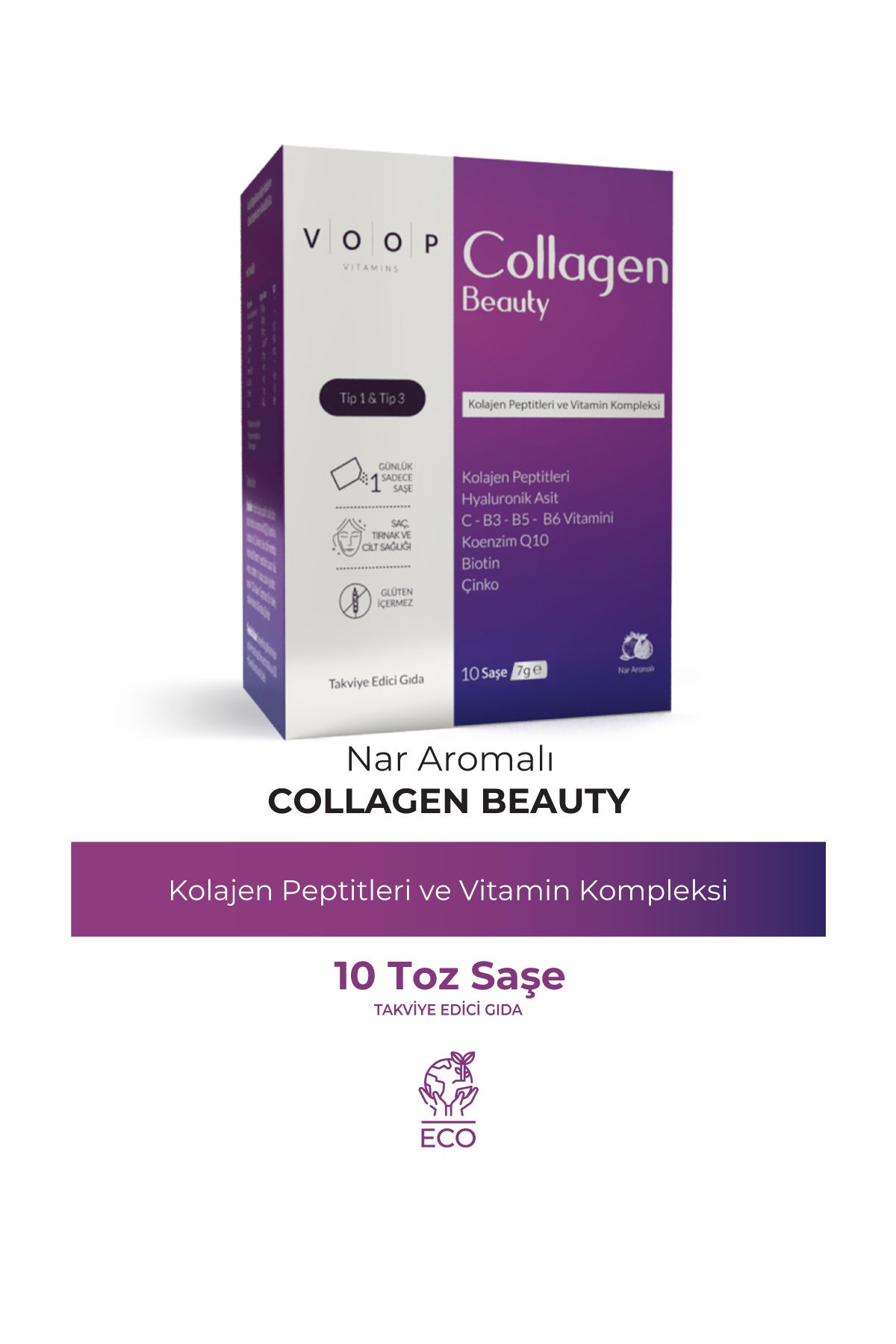 VOOP Collagen Beauty Nar Aromalı Saşe Tip 1 Ve Tip 3 - 5500 Mg | 10 Saşe - 7 gr