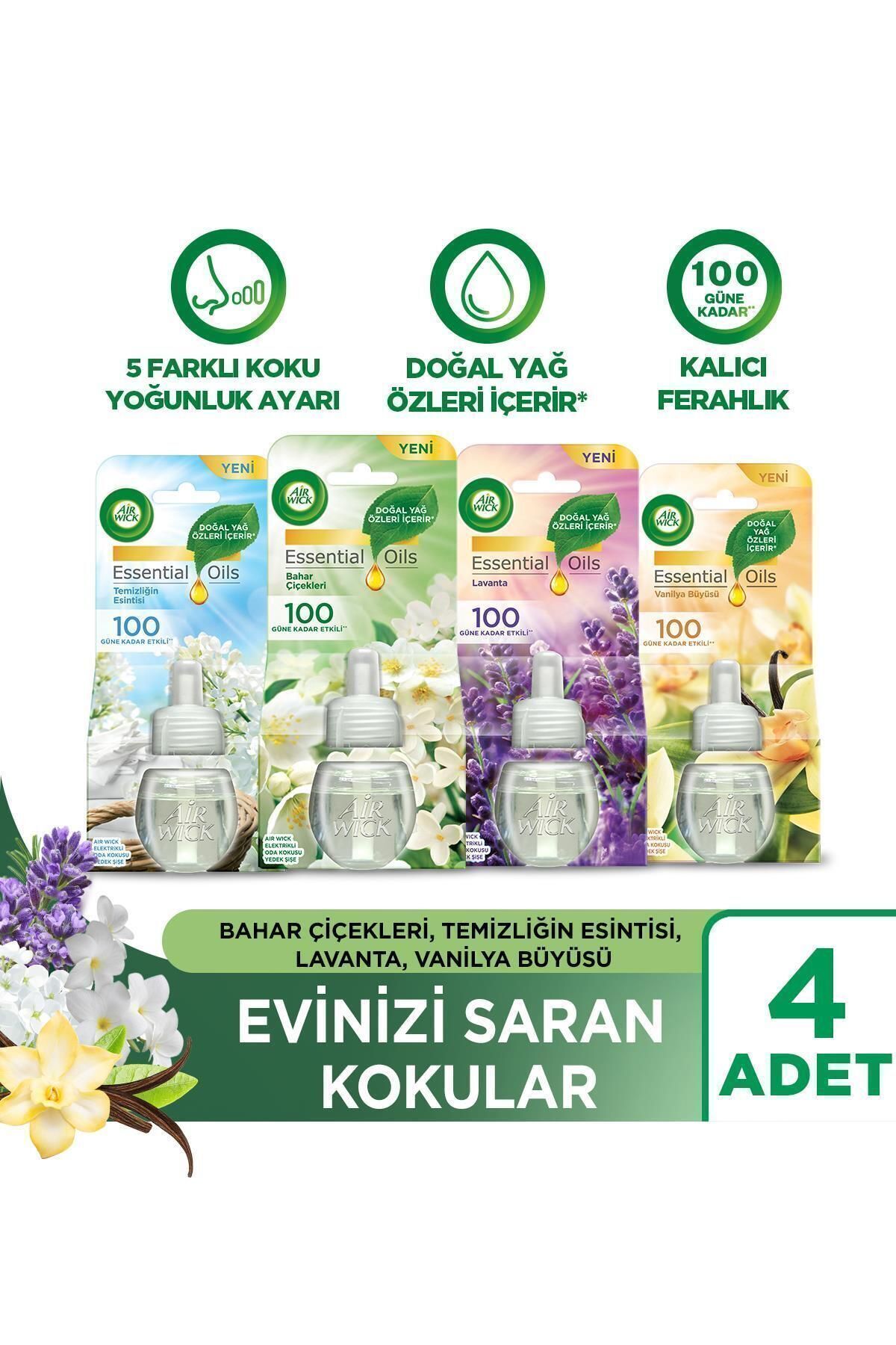 Air Wick Elektrikli Oda Kokusu Yedek Şişe 4 Lü Set (1 BAHAR -1 TEMİZLİK -1 LAVANTA-1 VANİLYA)