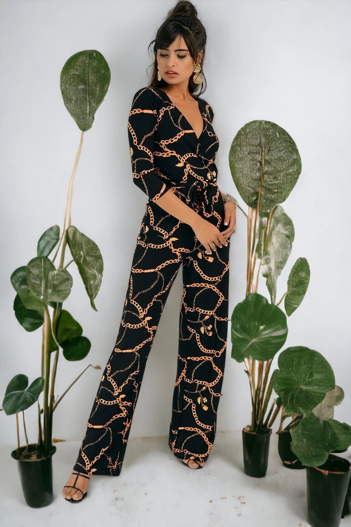 New Laviva Kadın Siyah Günlük Stil Uzun Kol Zincir Desenli Bol Paça Tulum